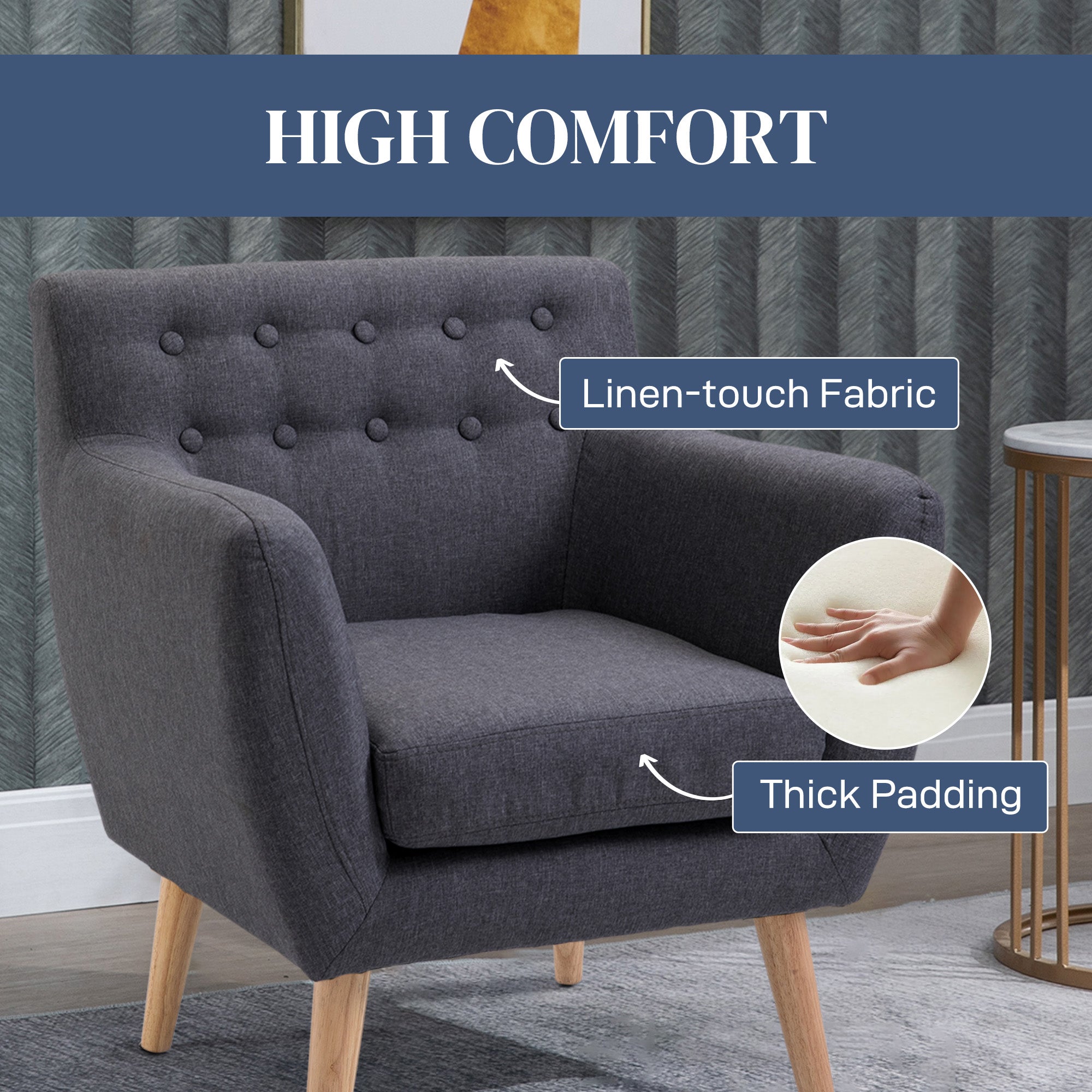 HOMCOM Mid-Century Modern Accent Chair, Linen Upholstery Armchair, Tufted Club Chair with Wood Frame and Thick Padding for Living Room, Bedroom, Dark Grey