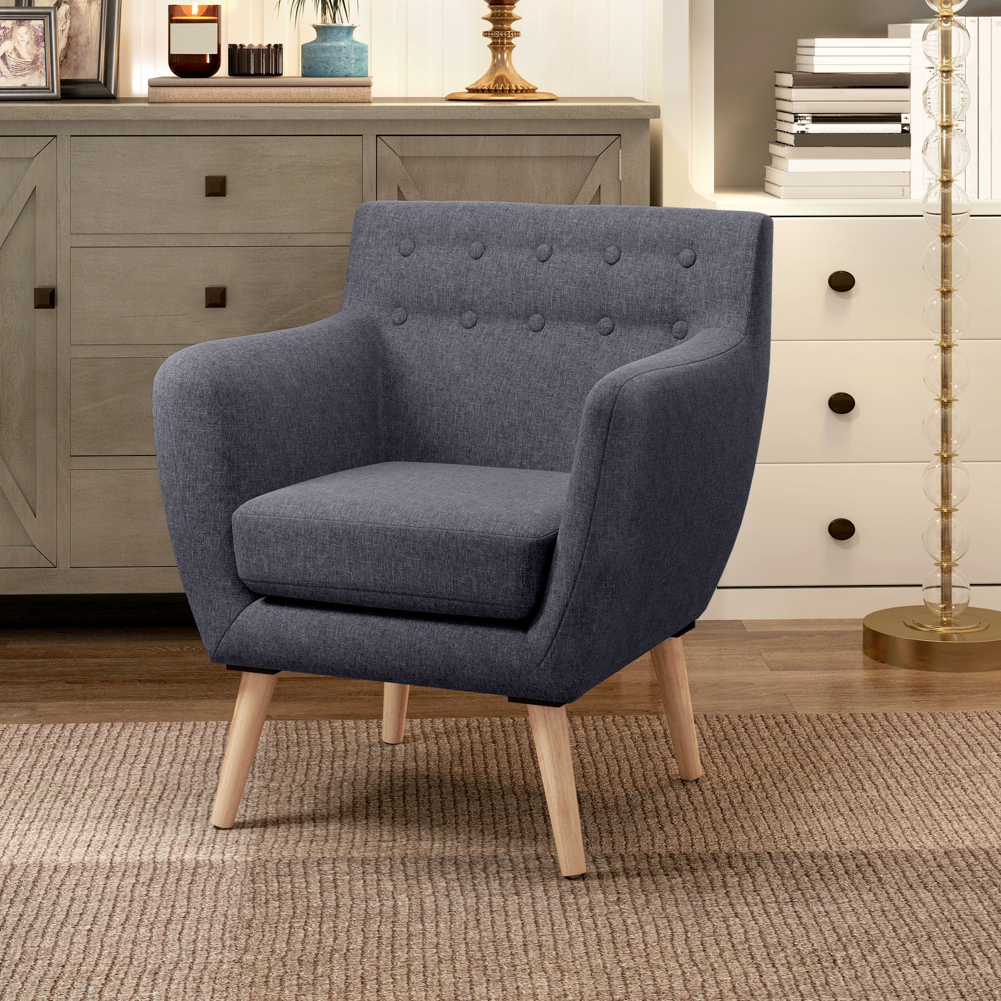 HOMCOM Mid-Century Modern Accent Chair, Linen Upholstery Armchair, Tufted Club Chair with Wood Frame and Thick Padding for Living Room, Bedroom, Dark Grey