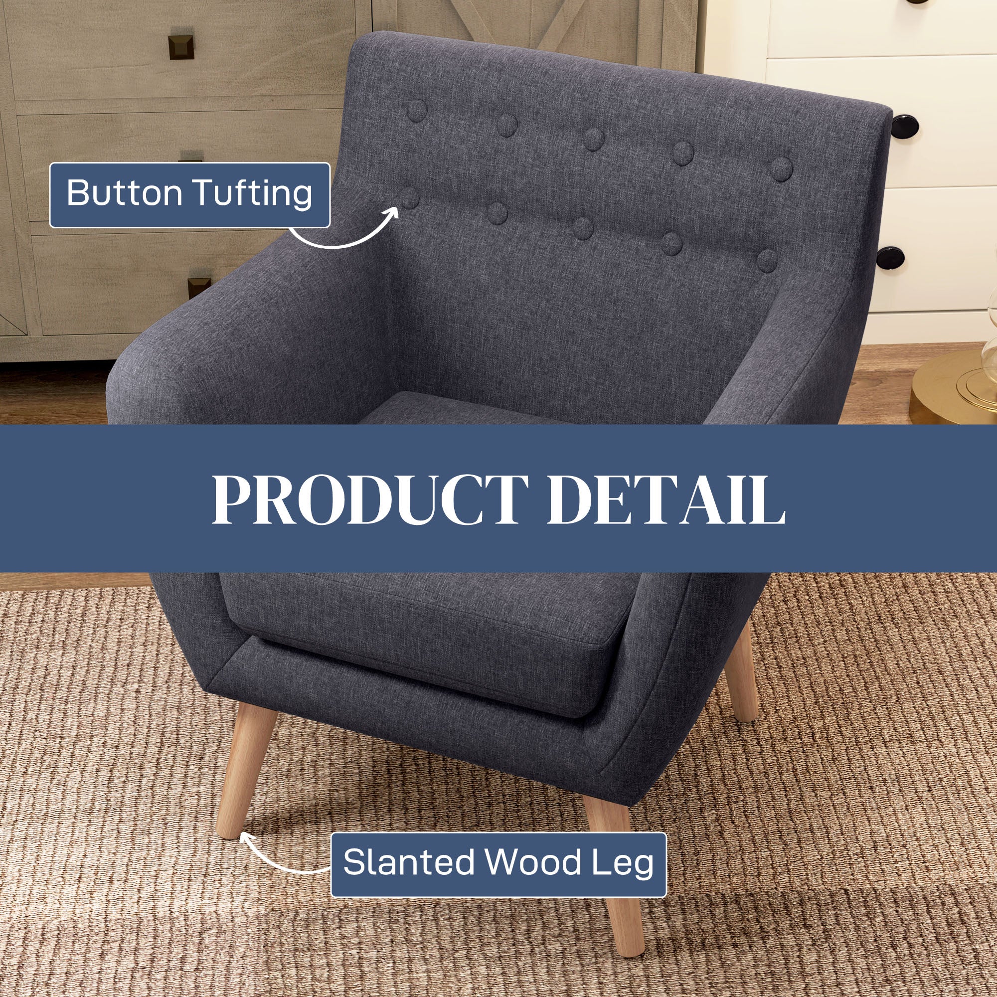 HOMCOM Mid-Century Modern Accent Chair, Linen Upholstery Armchair, Tufted Club Chair with Wood Frame and Thick Padding for Living Room, Bedroom, Dark Grey