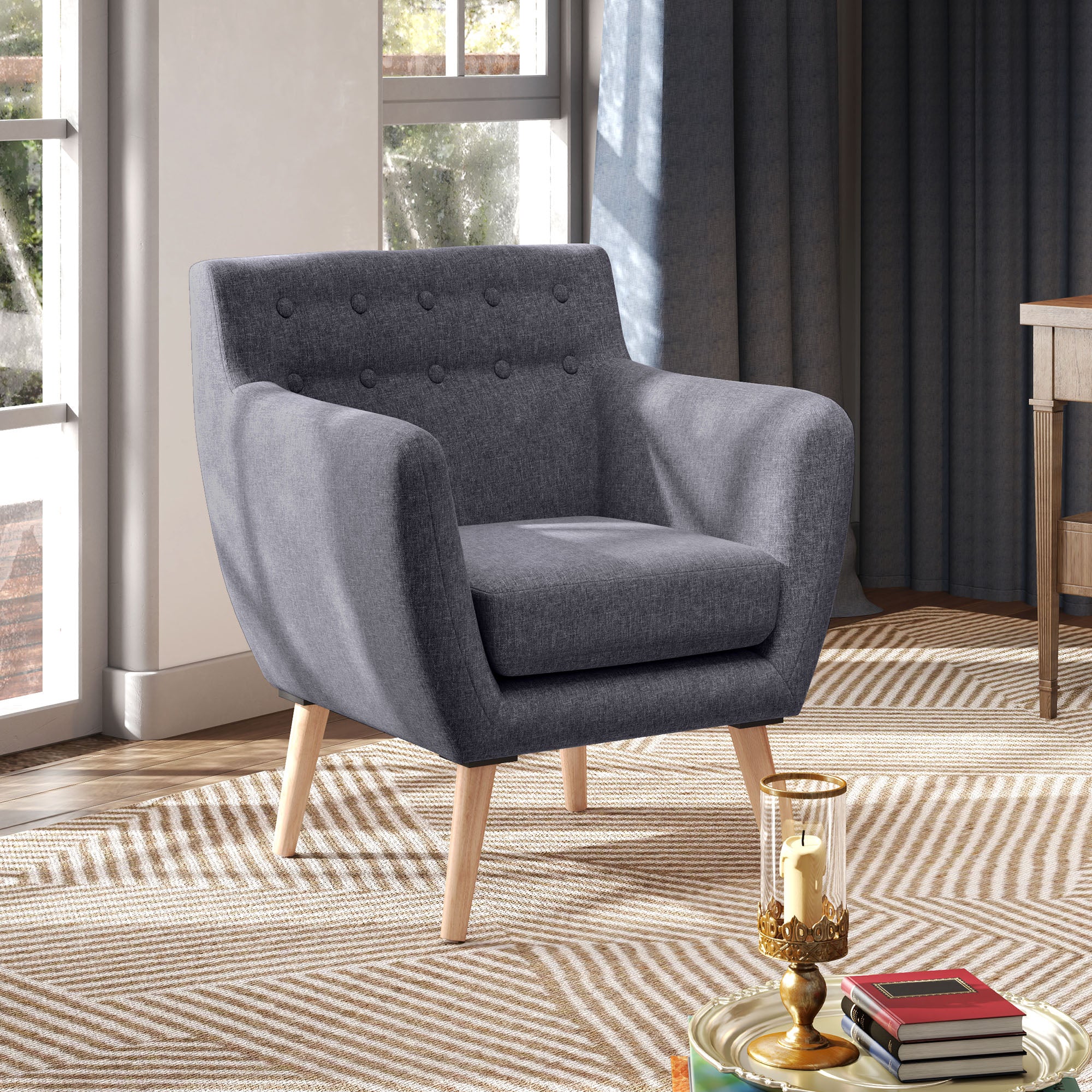 HOMCOM Mid-Century Modern Accent Chair, Linen Upholstery Armchair, Tufted Club Chair with Wood Frame and Thick Padding for Living Room, Bedroom, Dark Grey