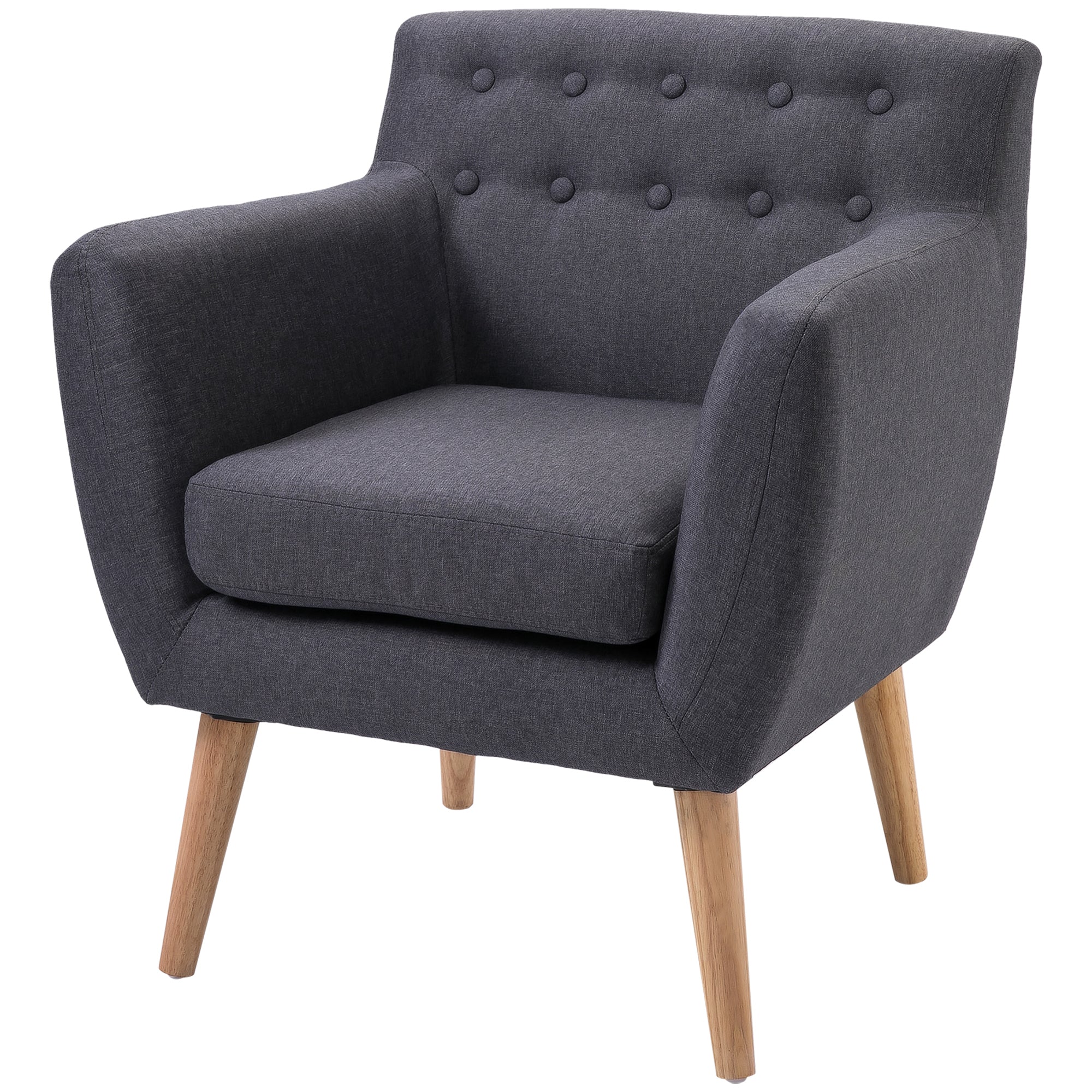 HOMCOM Mid-Century Modern Accent Chair, Linen Upholstery Armchair, Tufted Club Chair with Wood Frame and Thick Padding for Living Room, Bedroom, Dark Grey