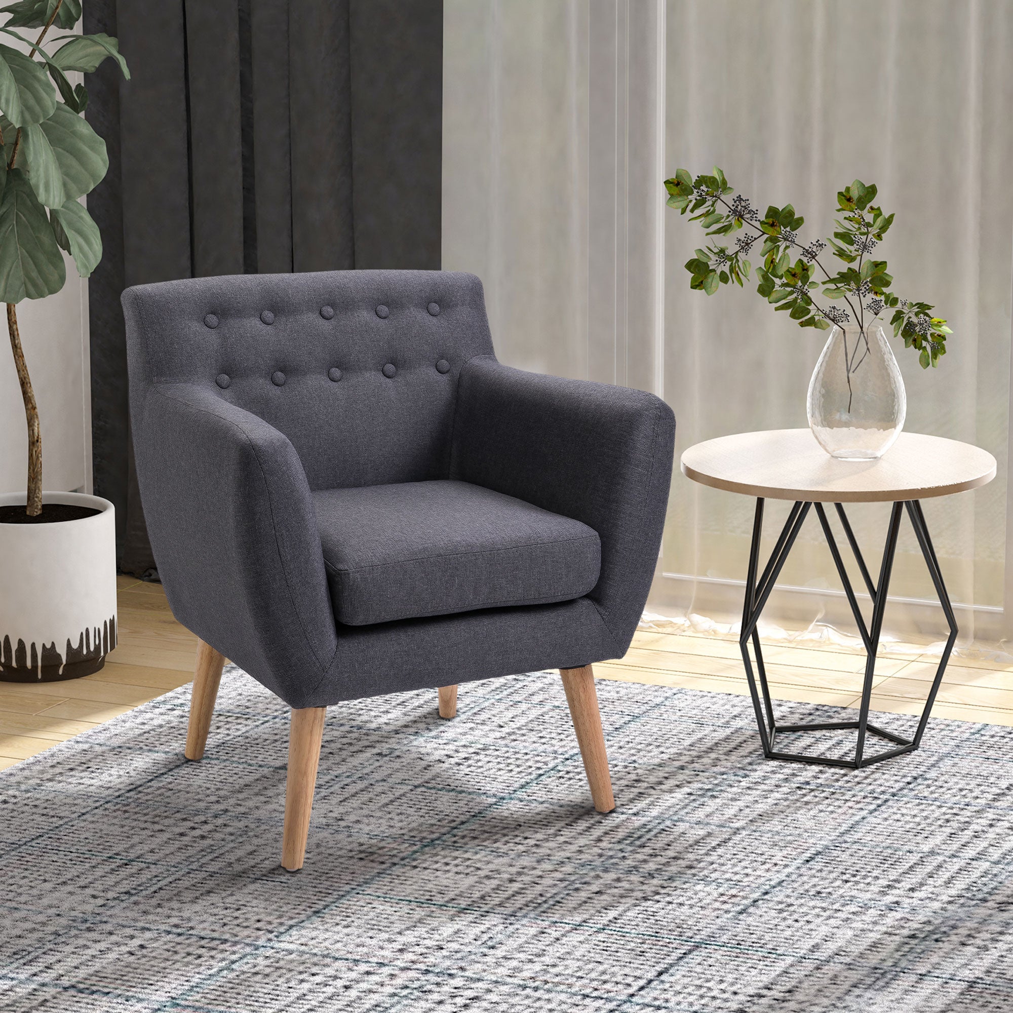 HOMCOM Mid-Century Modern Accent Chair, Linen Upholstery Armchair, Tufted Club Chair with Wood Frame and Thick Padding for Living Room, Bedroom, Dark Grey