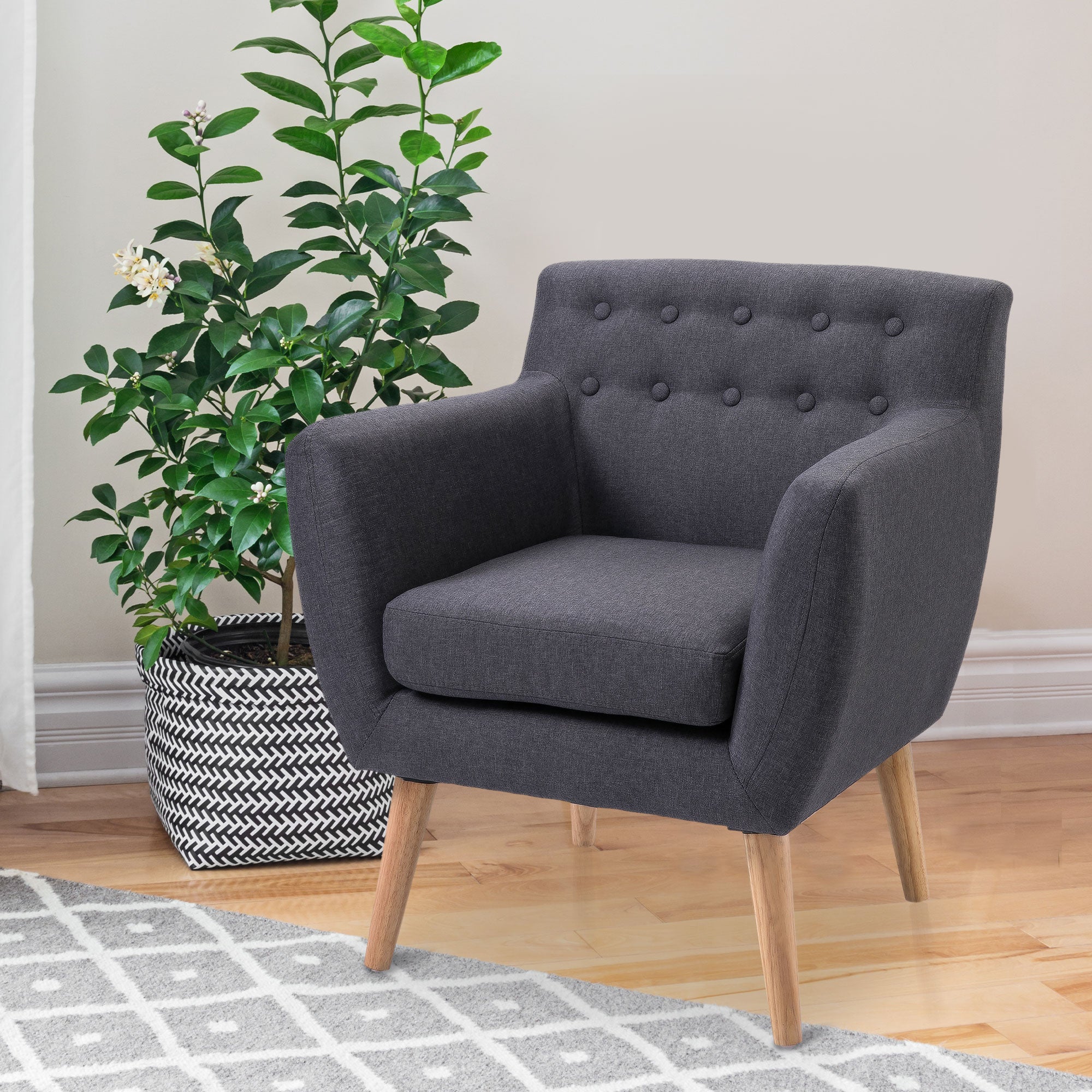 HOMCOM Mid-Century Modern Accent Chair, Linen Upholstery Armchair, Tufted Club Chair with Wood Frame and Thick Padding for Living Room, Bedroom, Dark Grey
