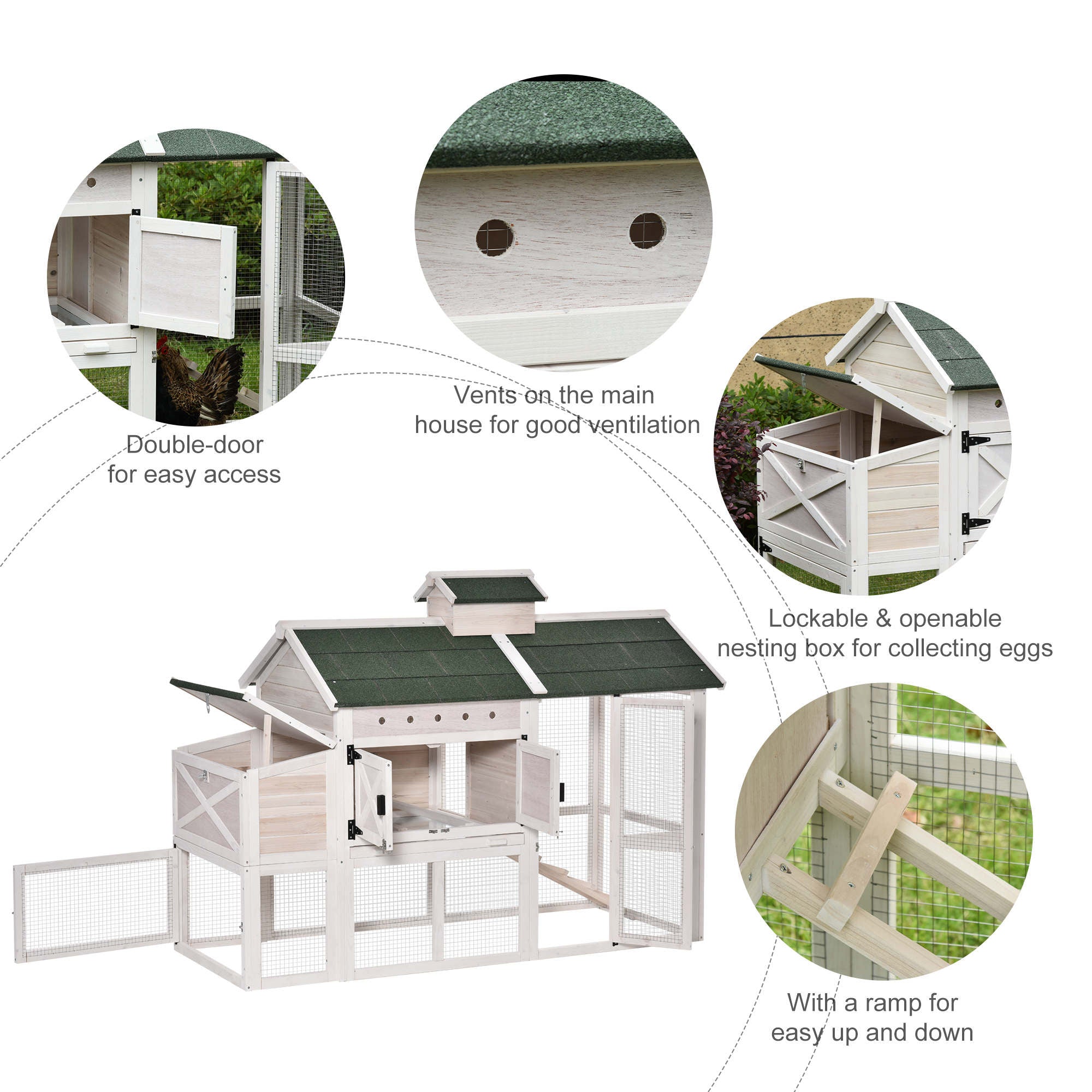 PawHut Wooden Chicken Coop Hen House with Removable Tray and Nest Box, 71" Rabbit Hutch and Poultry Cage with Ventilated Holes , White