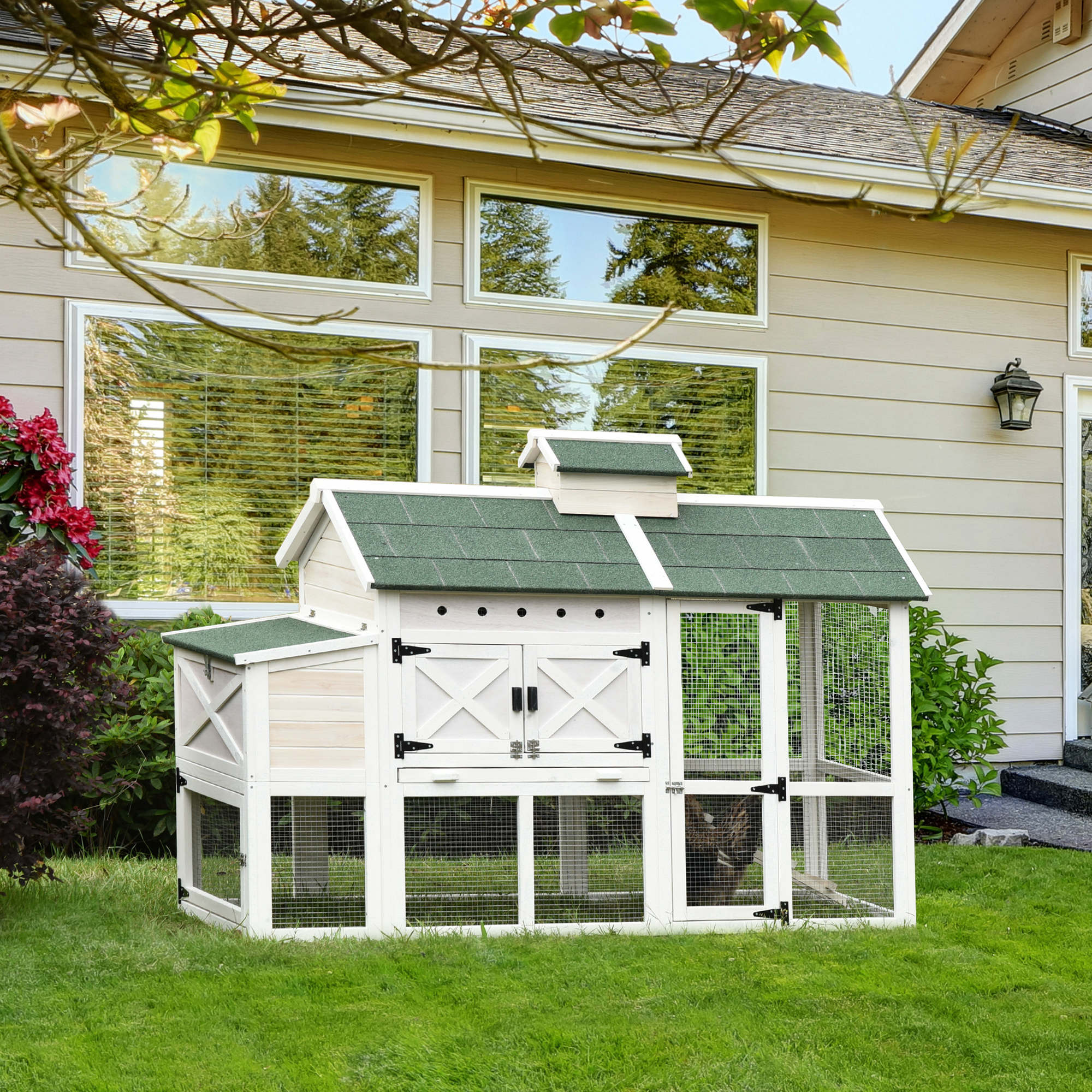 PawHut Wooden Chicken Coop Hen House with Removable Tray and Nest Box, 71" Rabbit Hutch and Poultry Cage with Ventilated Holes , White