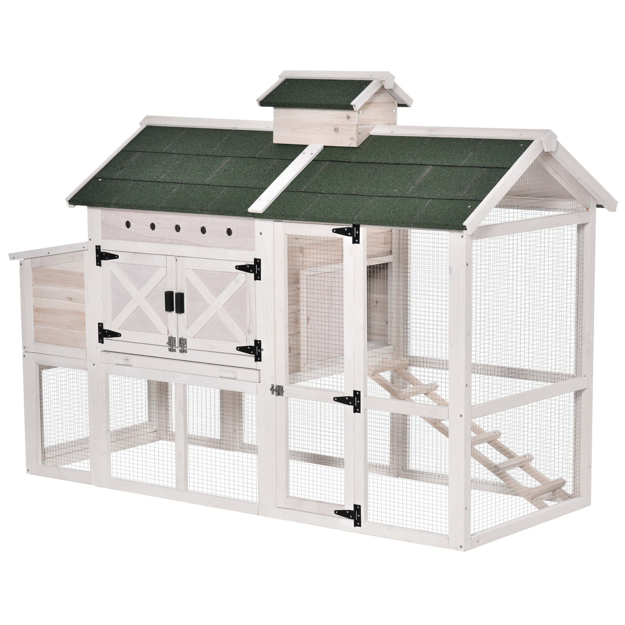 PawHut Wooden Chicken Coop Hen House with Removable Tray and Nest Box, 71" Rabbit Hutch and Poultry Cage with Ventilated Holes , White