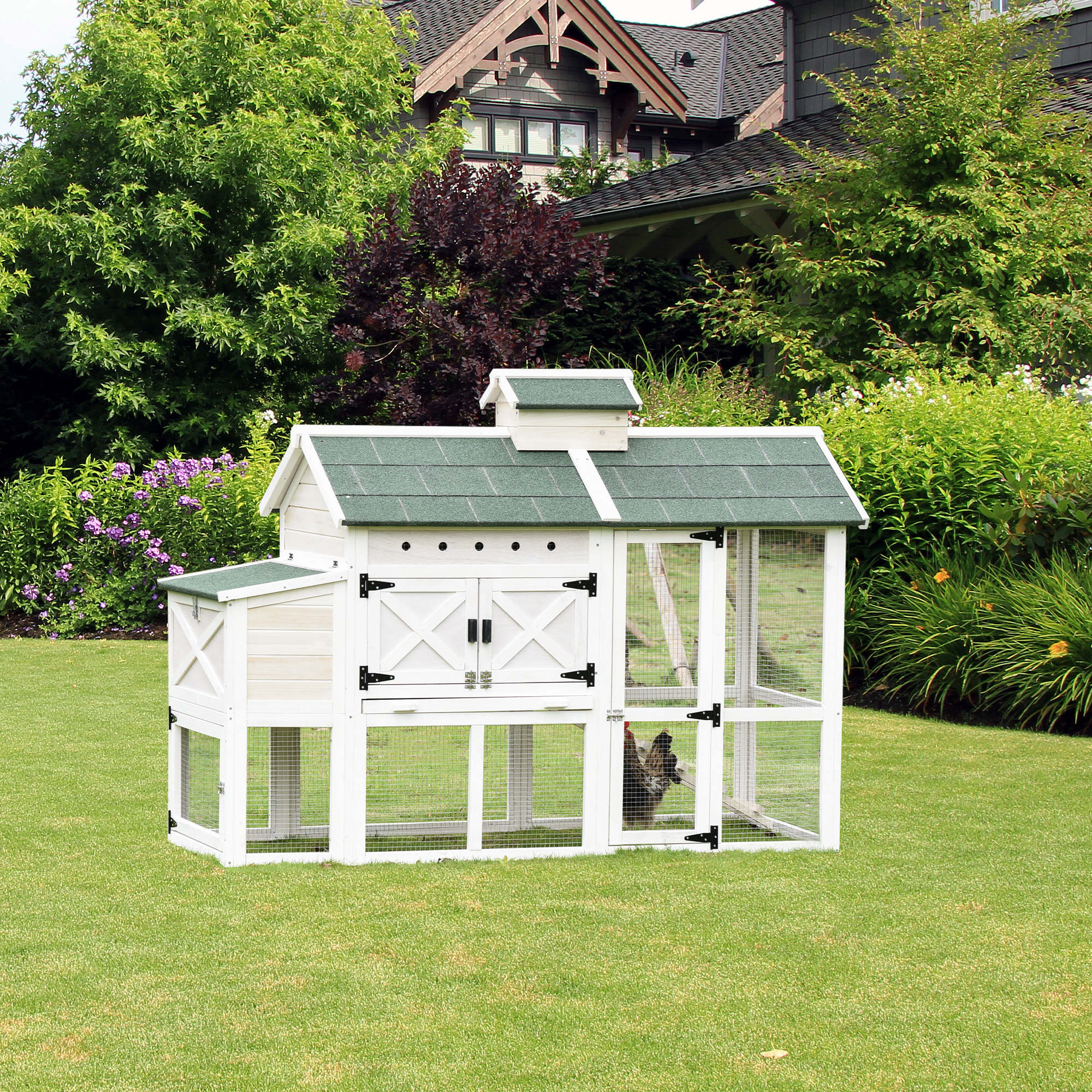 PawHut Wooden Chicken Coop Hen House with Removable Tray and Nest Box, 71" Rabbit Hutch and Poultry Cage with Ventilated Holes , White