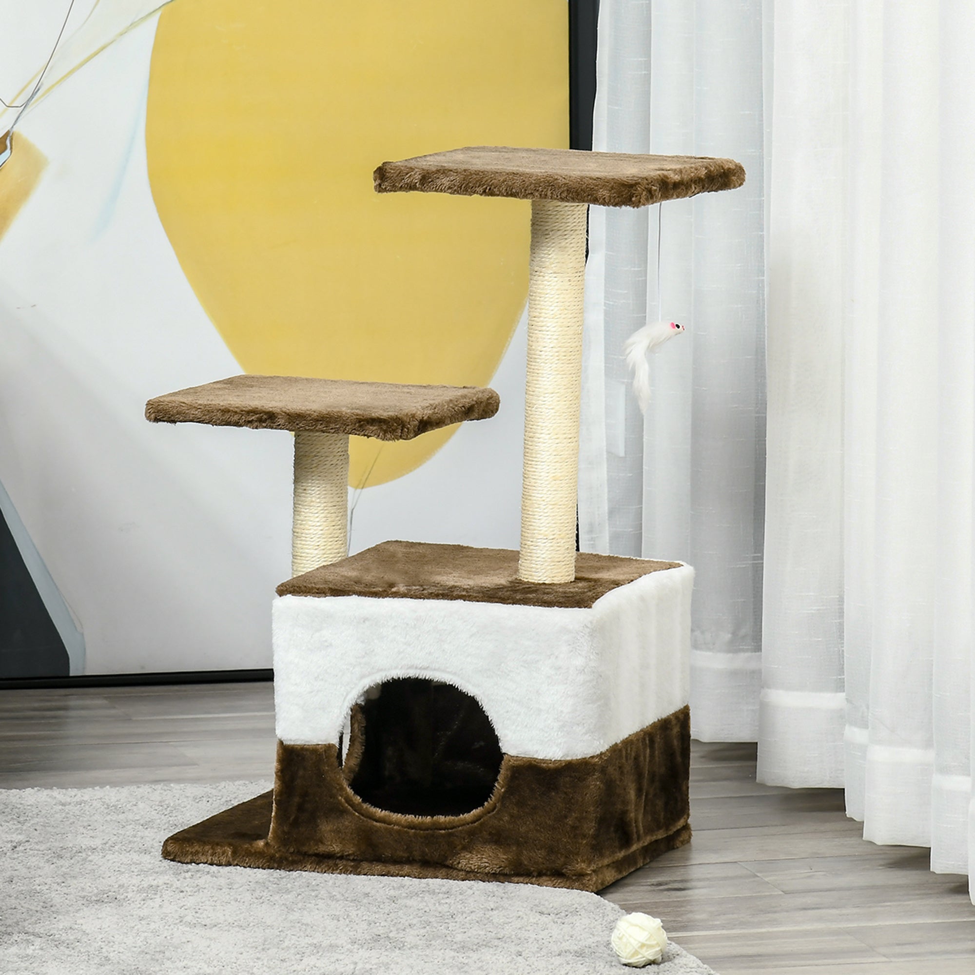 PawHut Cat Tree Tower for Indoor Cats Kitten House Scratching Posts with Condo Perch Interactive Mouse Toy, 45 x 33 x 70 cm, Brown