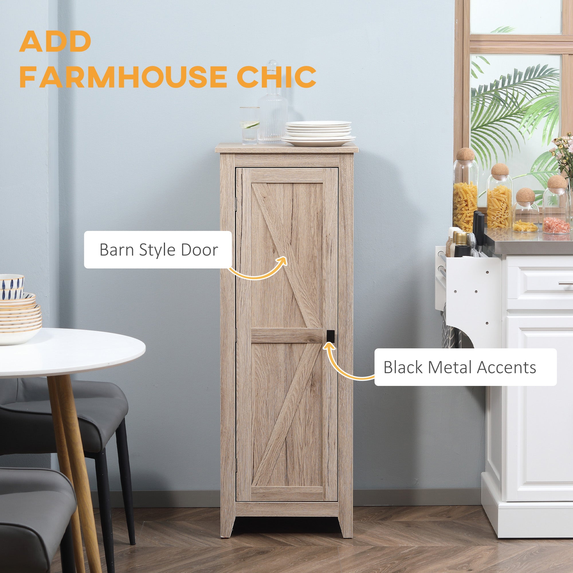 HOMCOM 48" Small Kitchen Pantry Cabinet, Freestanding Storage Cabinet, Farmhouse Narrow Kitchen Cabinet with Barn Door and Adjustable Shelves, Natural