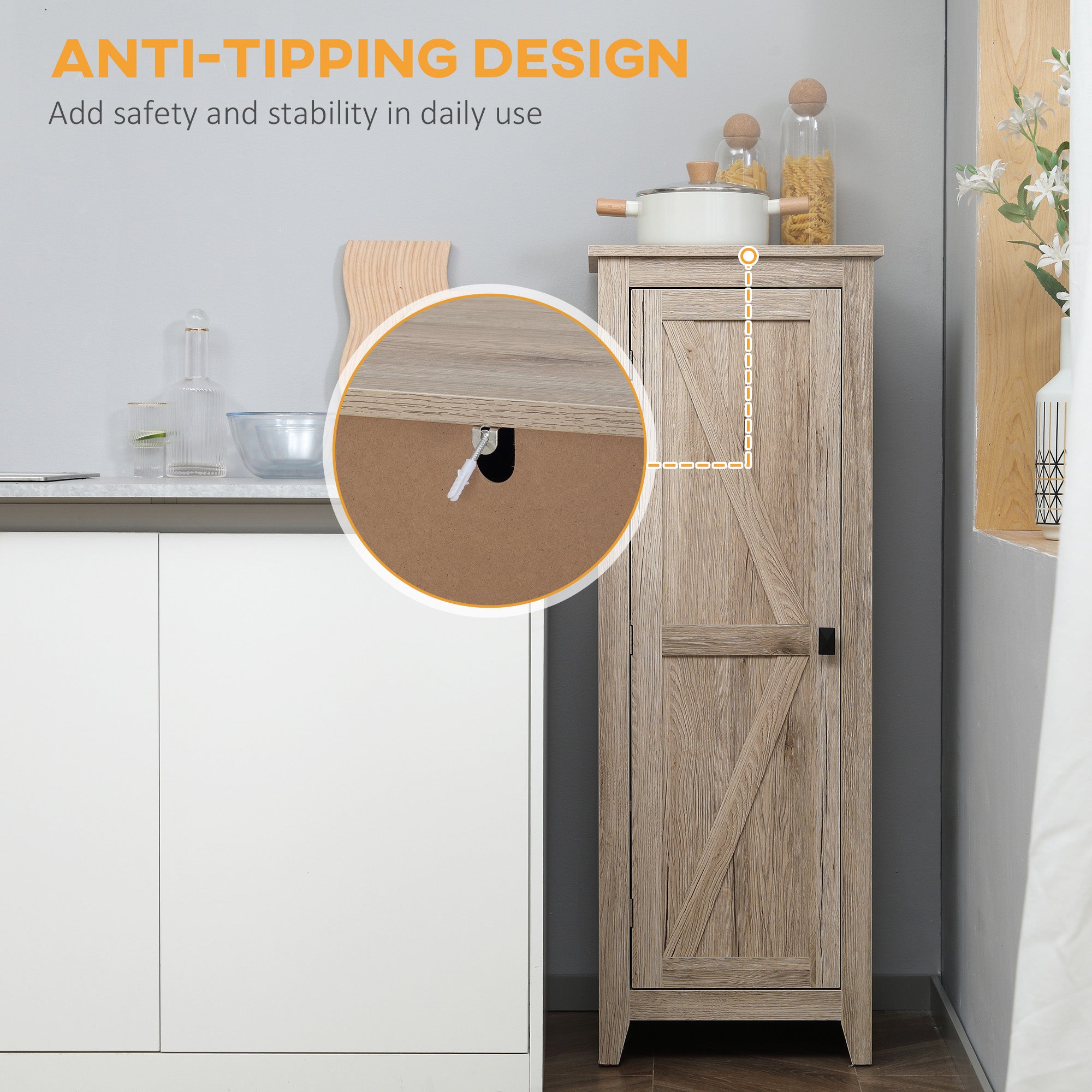 HOMCOM 48" Small Kitchen Pantry Cabinet, Freestanding Storage Cabinet, Farmhouse Narrow Kitchen Cabinet with Barn Door and Adjustable Shelves, Natural