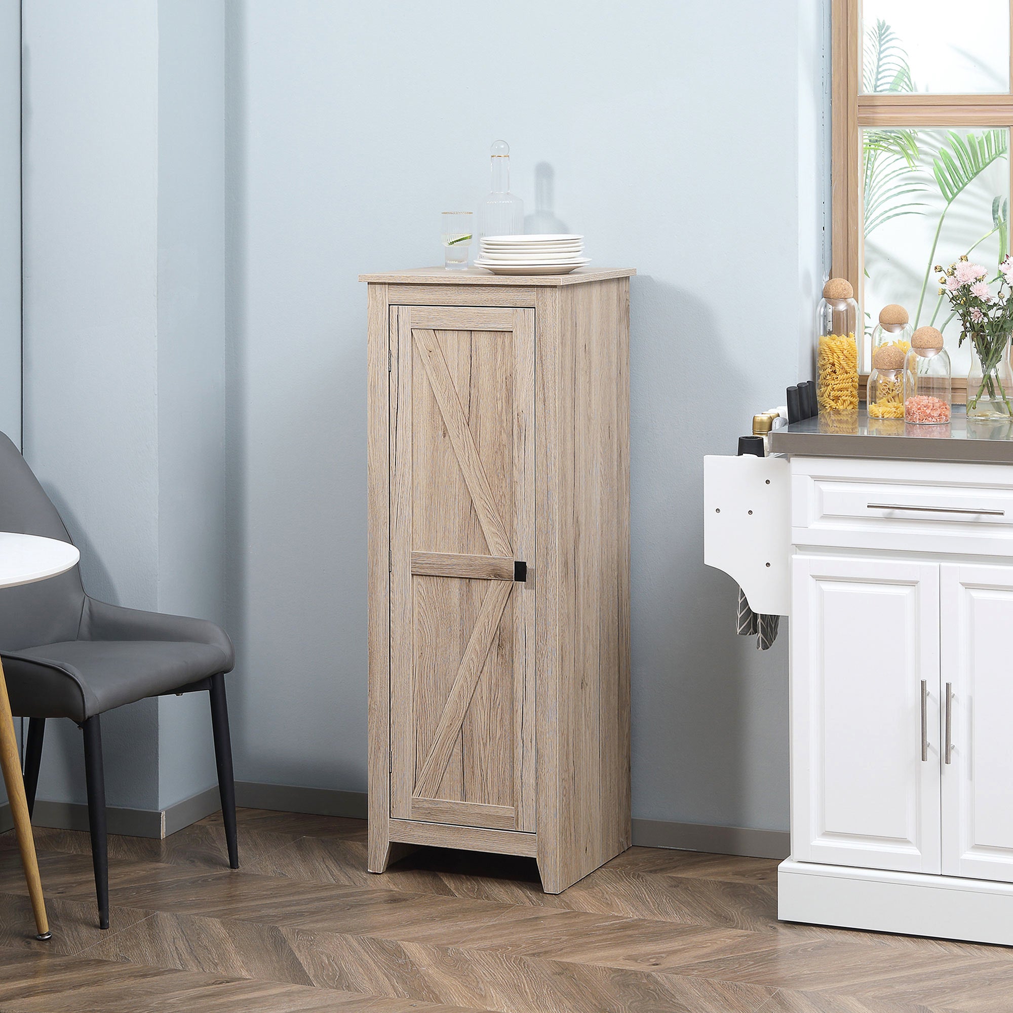 HOMCOM 48" Small Kitchen Pantry Cabinet, Freestanding Storage Cabinet, Farmhouse Narrow Kitchen Cabinet with Barn Door and Adjustable Shelves, Natural