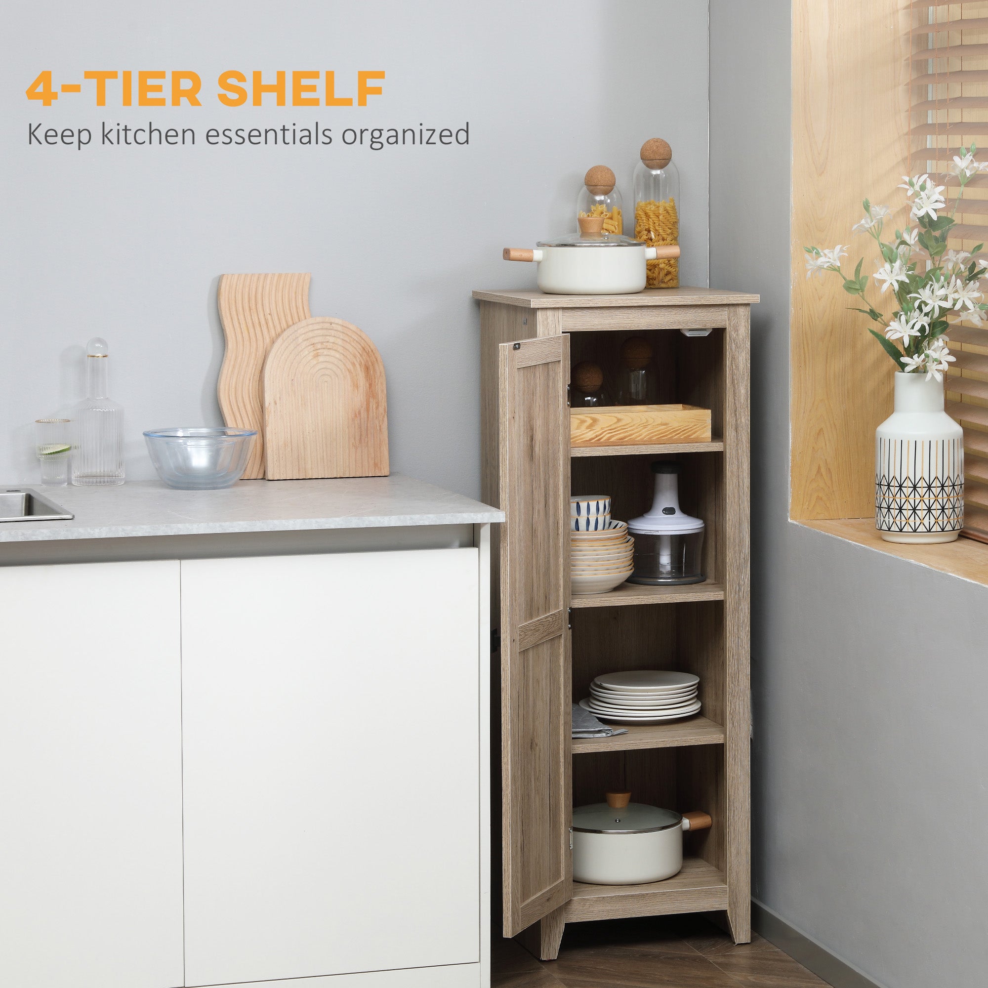 HOMCOM 48" Small Kitchen Pantry Cabinet, Freestanding Storage Cabinet, Farmhouse Narrow Kitchen Cabinet with Barn Door and Adjustable Shelves, Natural