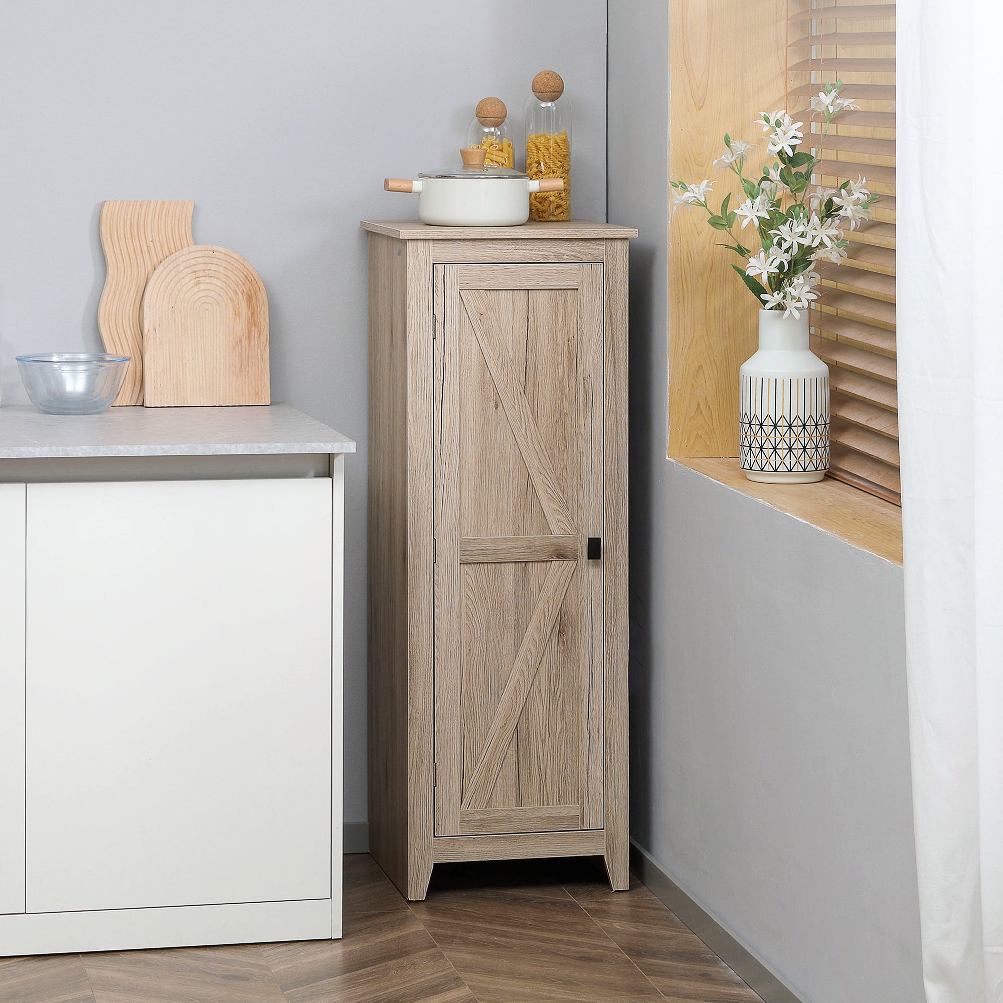 HOMCOM 48" Small Kitchen Pantry Cabinet, Freestanding Storage Cabinet, Farmhouse Narrow Kitchen Cabinet with Barn Door and Adjustable Shelves, Natural