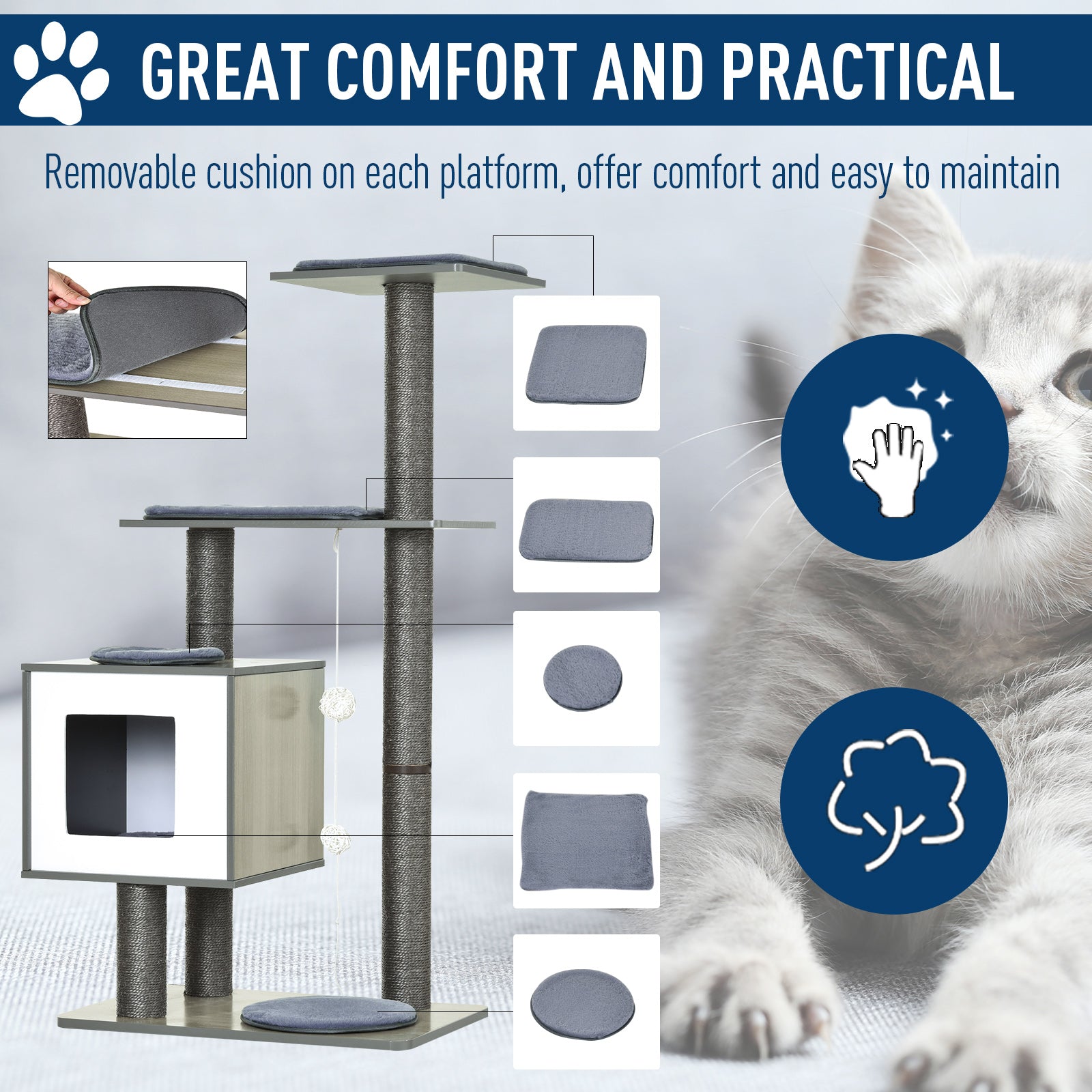 PawHut 47" Wood Cat Tree, Cat Condo Tower with Scratching Post, Toy Ball, Grey