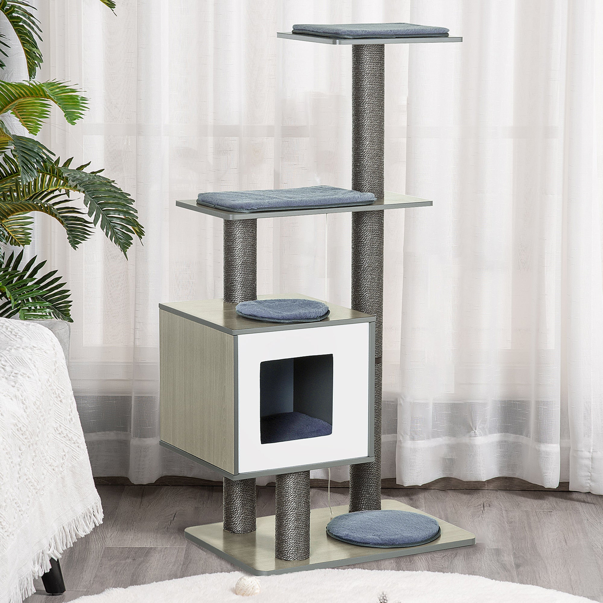 PawHut 47" Wood Cat Tree, Cat Condo Tower with Scratching Post, Toy Ball, Grey