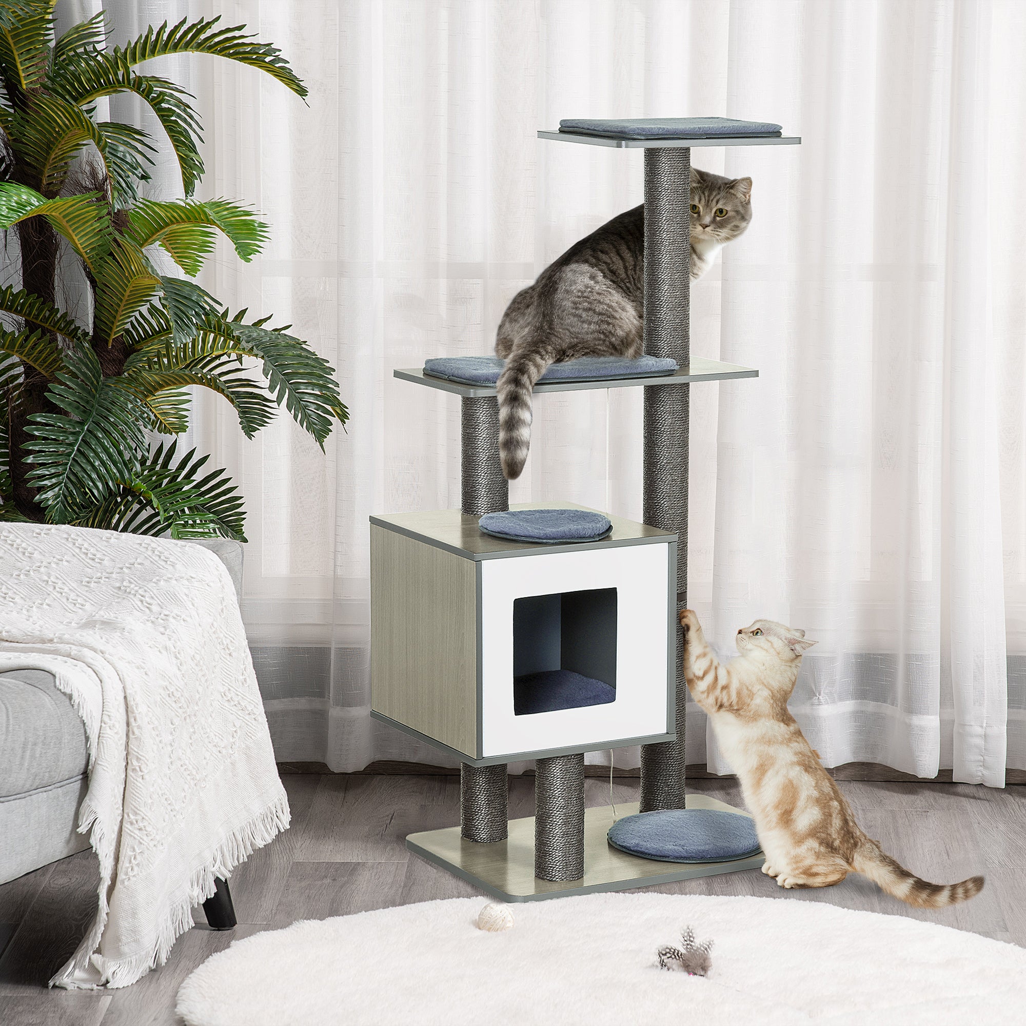 PawHut 47" Wood Cat Tree, Cat Condo Tower with Scratching Post, Toy Ball, Grey