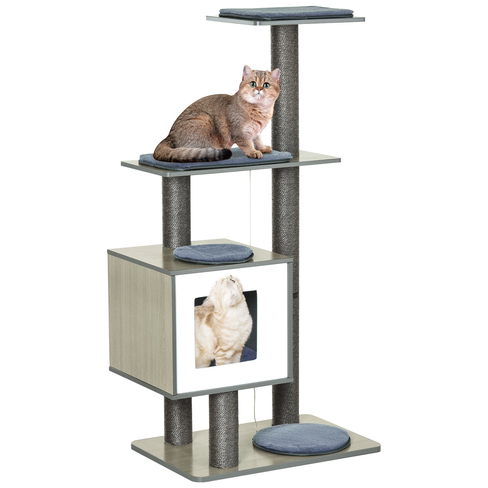 PawHut 47" Wood Cat Tree, Cat Condo Tower with Scratching Post, Toy Ball, Grey