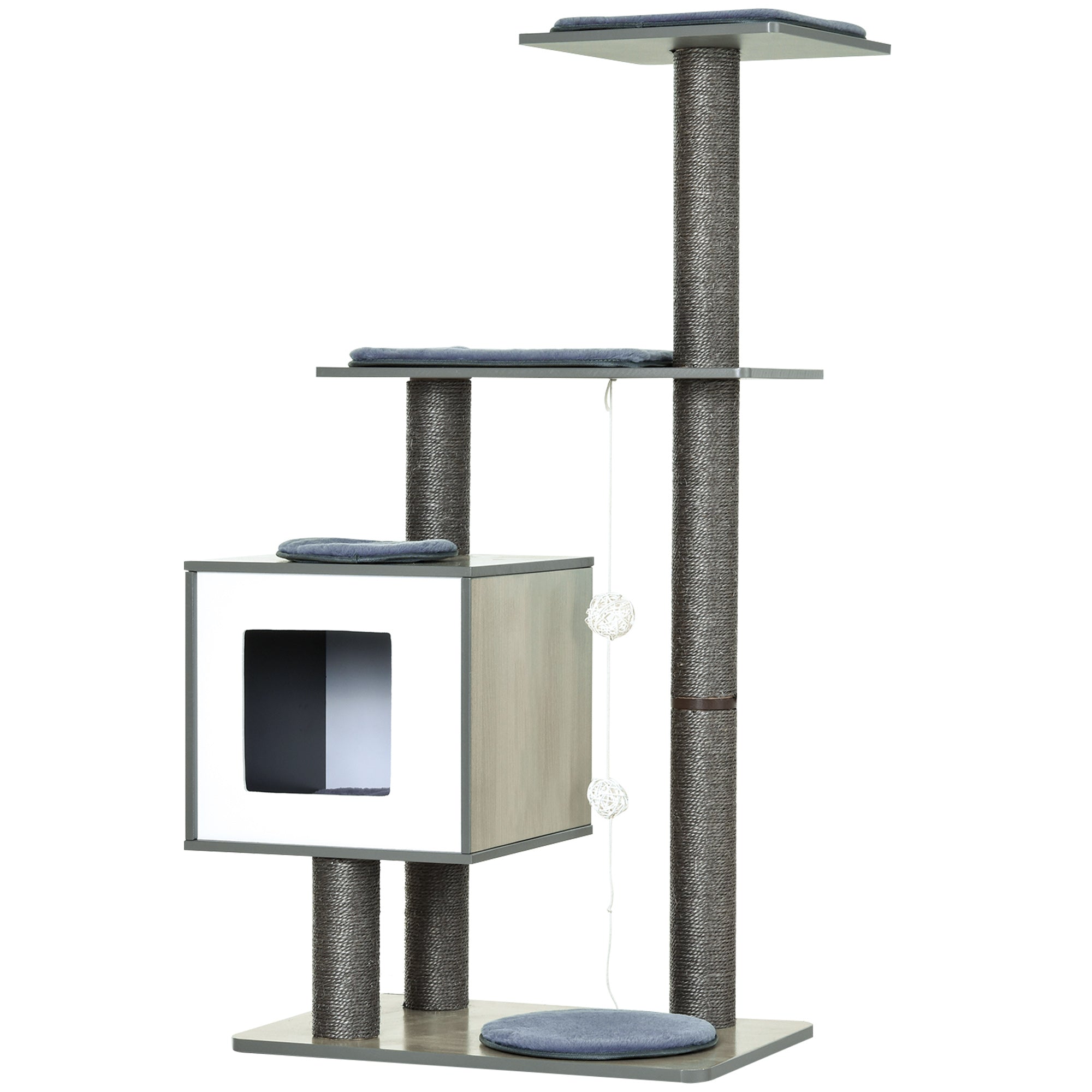 PawHut 47" Wood Cat Tree, Cat Condo Tower with Scratching Post, Toy Ball, Grey