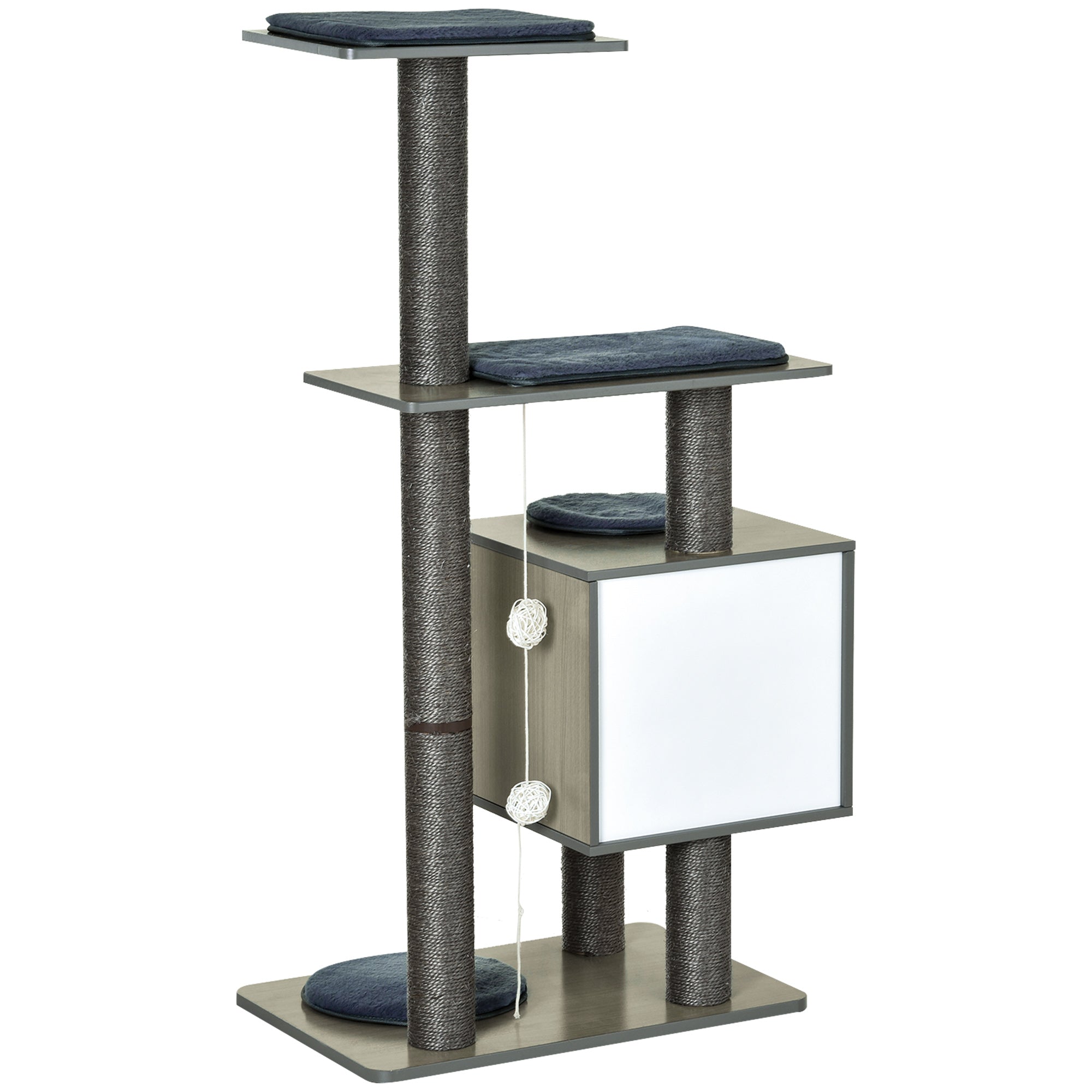PawHut 47" Wood Cat Tree, Cat Condo Tower with Scratching Post, Toy Ball, Grey