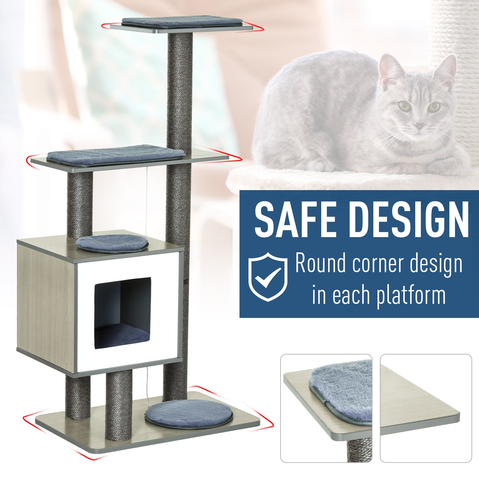 PawHut 47" Wood Cat Tree, Cat Condo Tower with Scratching Post, Toy Ball, Grey