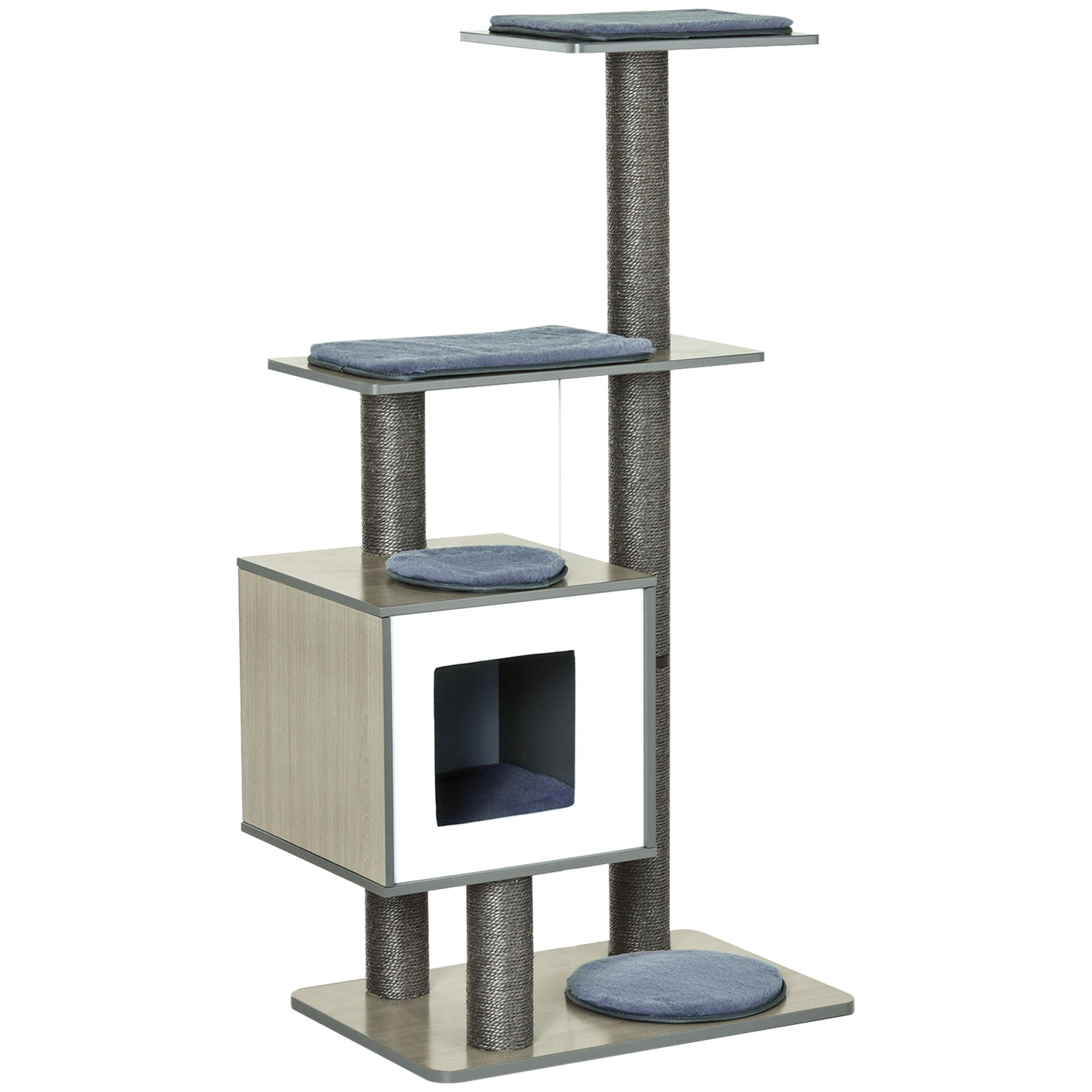 PawHut 47" Wood Cat Tree, Cat Condo Tower with Scratching Post, Toy Ball, Grey