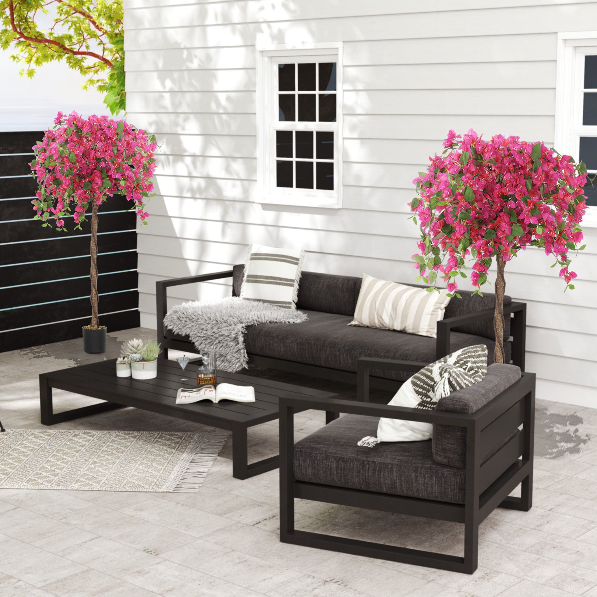 HOMCOM 4FT Artificial Murraya Tree with Natural Wood Trunk and Realistic Flowers, Faux Plants with Pots, Fake Trees for Indoor Home Decor Living Room Office, Set of 2