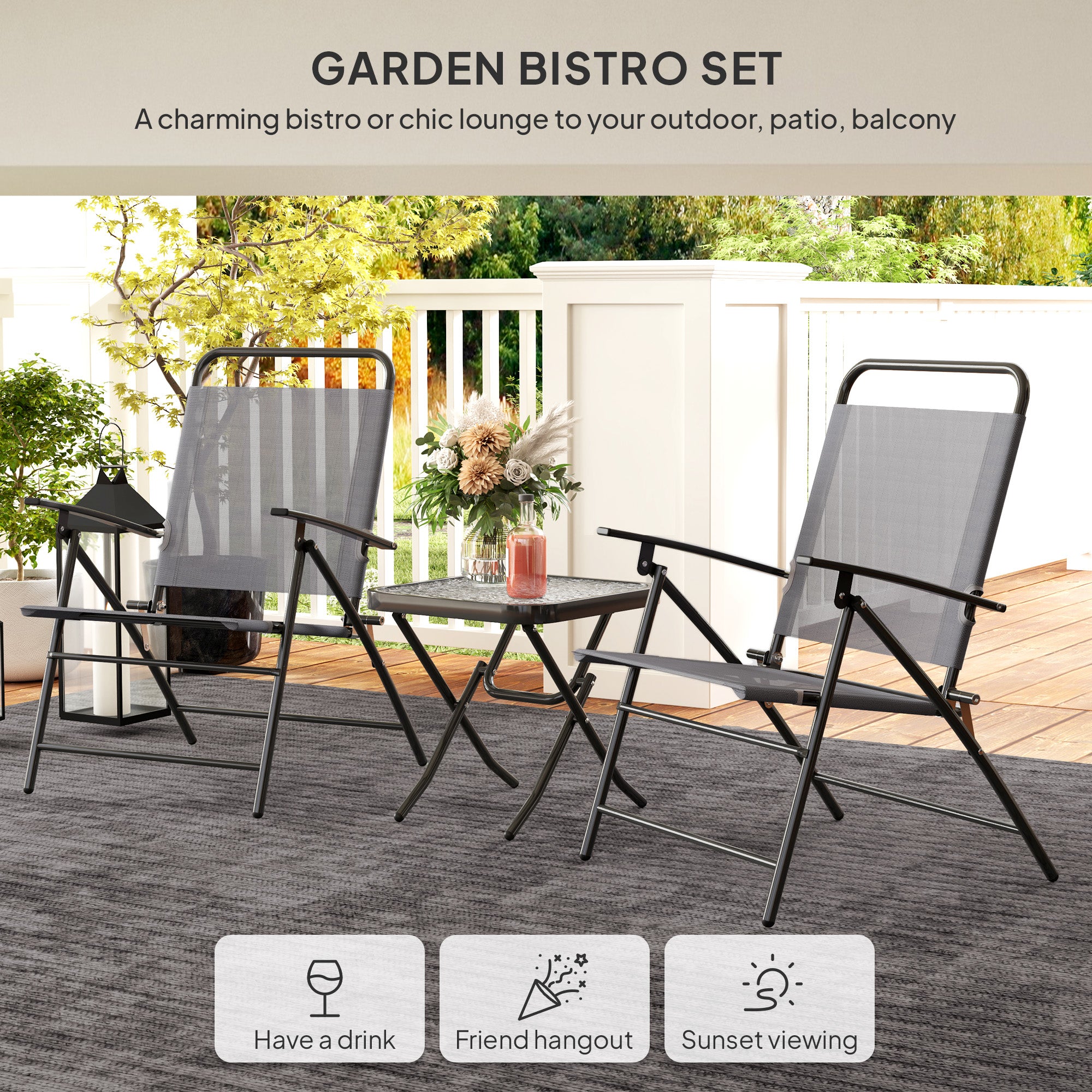 Outsunny 3 Pieces Folding Bistro Set with Back Adjustable Chairs, Bistro Table Set Outdoor Patio Furniture with Glass Top Table, Small Patio Set for Garden, Balcony, Porch, Grey