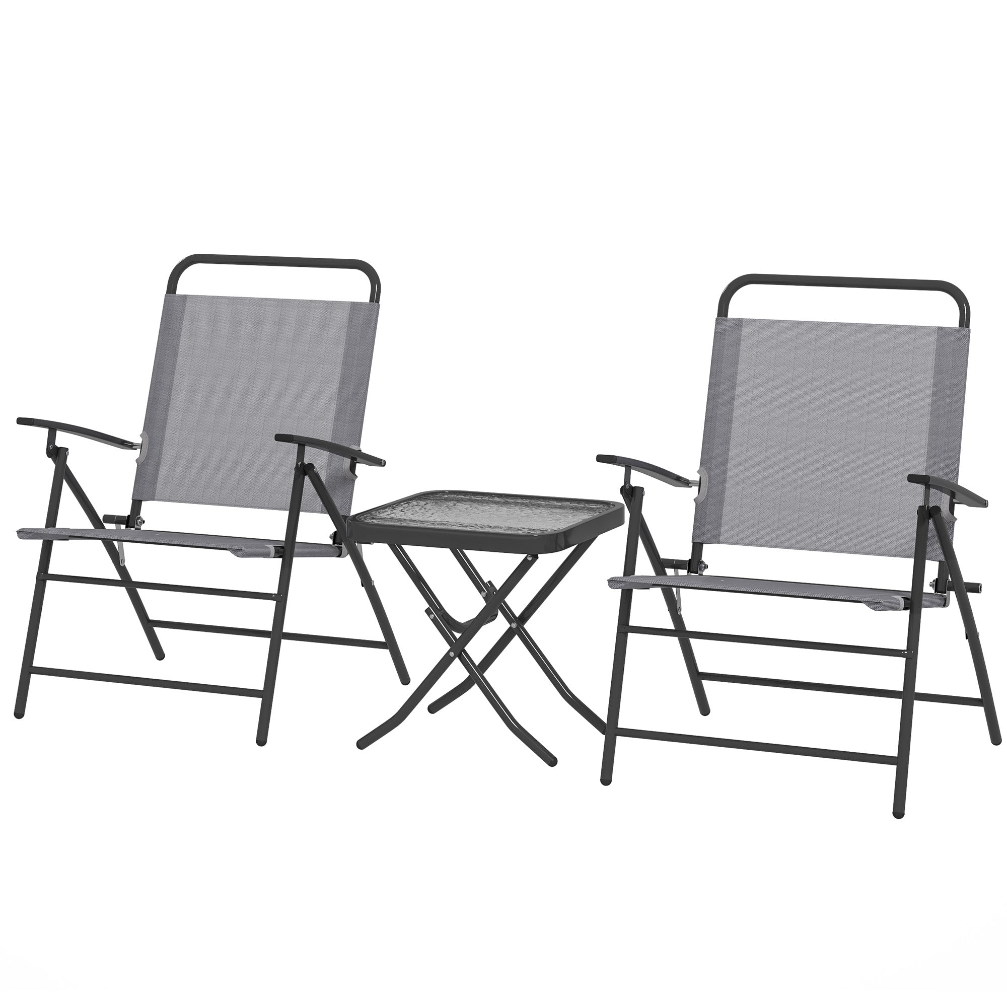 Outsunny 3 Pieces Folding Bistro Set with Back Adjustable Chairs, Bistro Table Set Outdoor Patio Furniture with Glass Top Table, Small Patio Set for Garden, Balcony, Porch, Grey