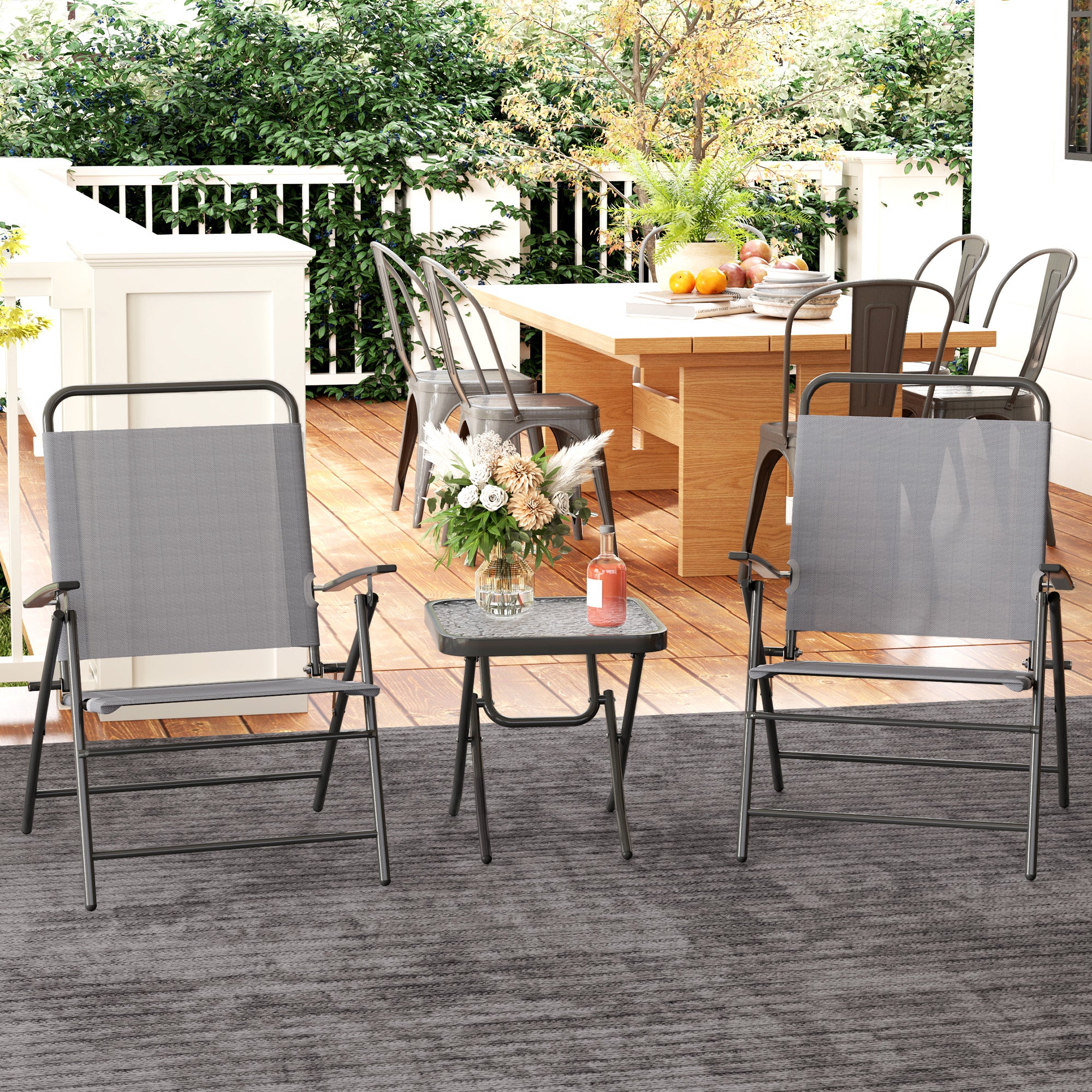 Outsunny 3 Pieces Folding Bistro Set with Back Adjustable Chairs, Bistro Table Set Outdoor Patio Furniture with Glass Top Table, Small Patio Set for Garden, Balcony, Porch, Grey