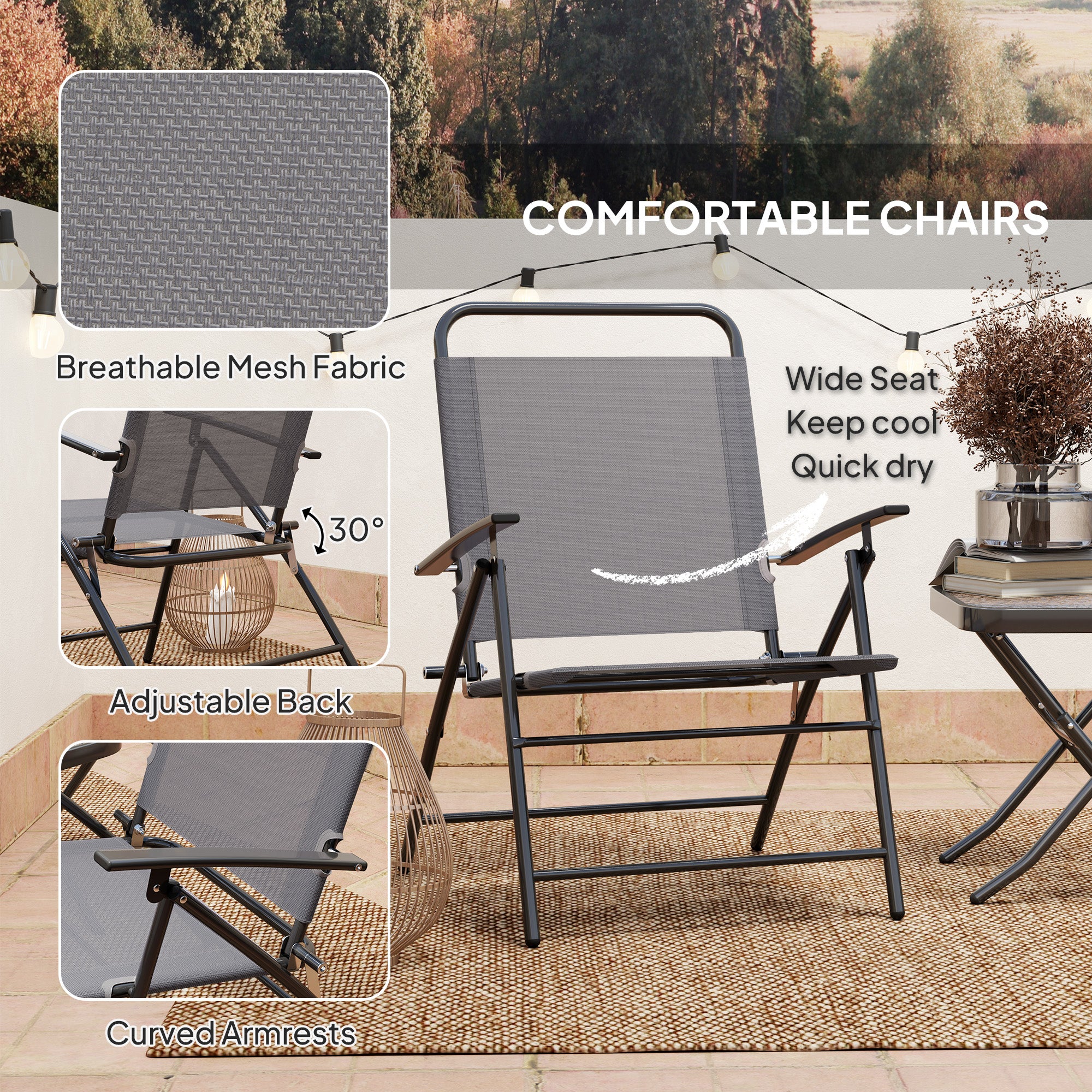 Outsunny 3 Pieces Folding Bistro Set with Back Adjustable Chairs, Bistro Table Set Outdoor Patio Furniture with Glass Top Table, Small Patio Set for Garden, Balcony, Porch, Grey