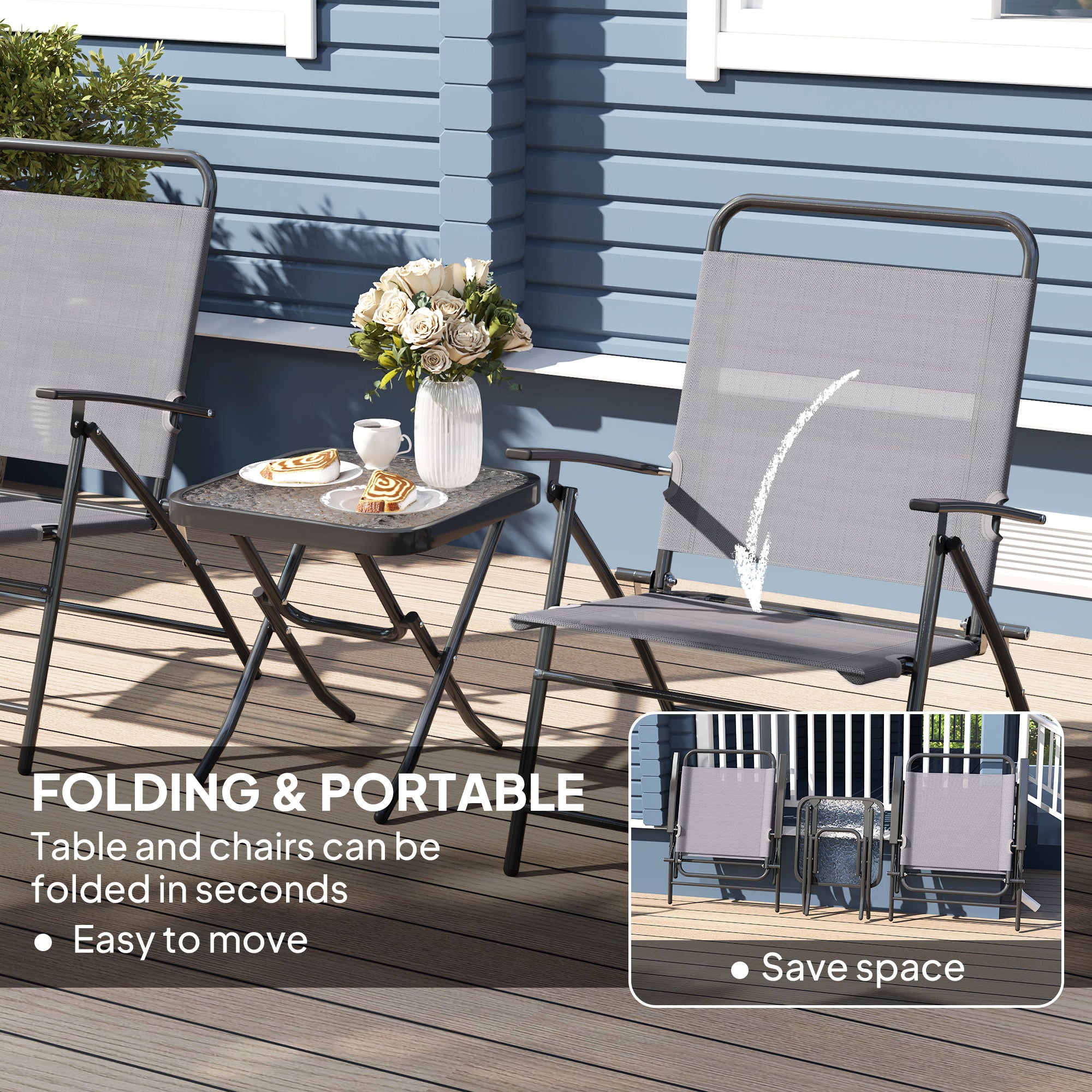 Outsunny 3 Pieces Folding Bistro Set with Back Adjustable Chairs, Bistro Table Set Outdoor Patio Furniture with Glass Top Table, Small Patio Set for Garden, Balcony, Porch, Grey