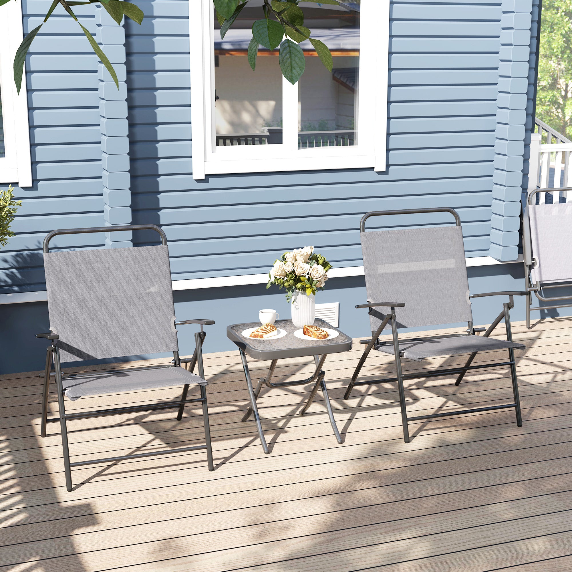 Outsunny 3 Pieces Folding Bistro Set with Back Adjustable Chairs, Bistro Table Set Outdoor Patio Furniture with Glass Top Table, Small Patio Set for Garden, Balcony, Porch, Grey