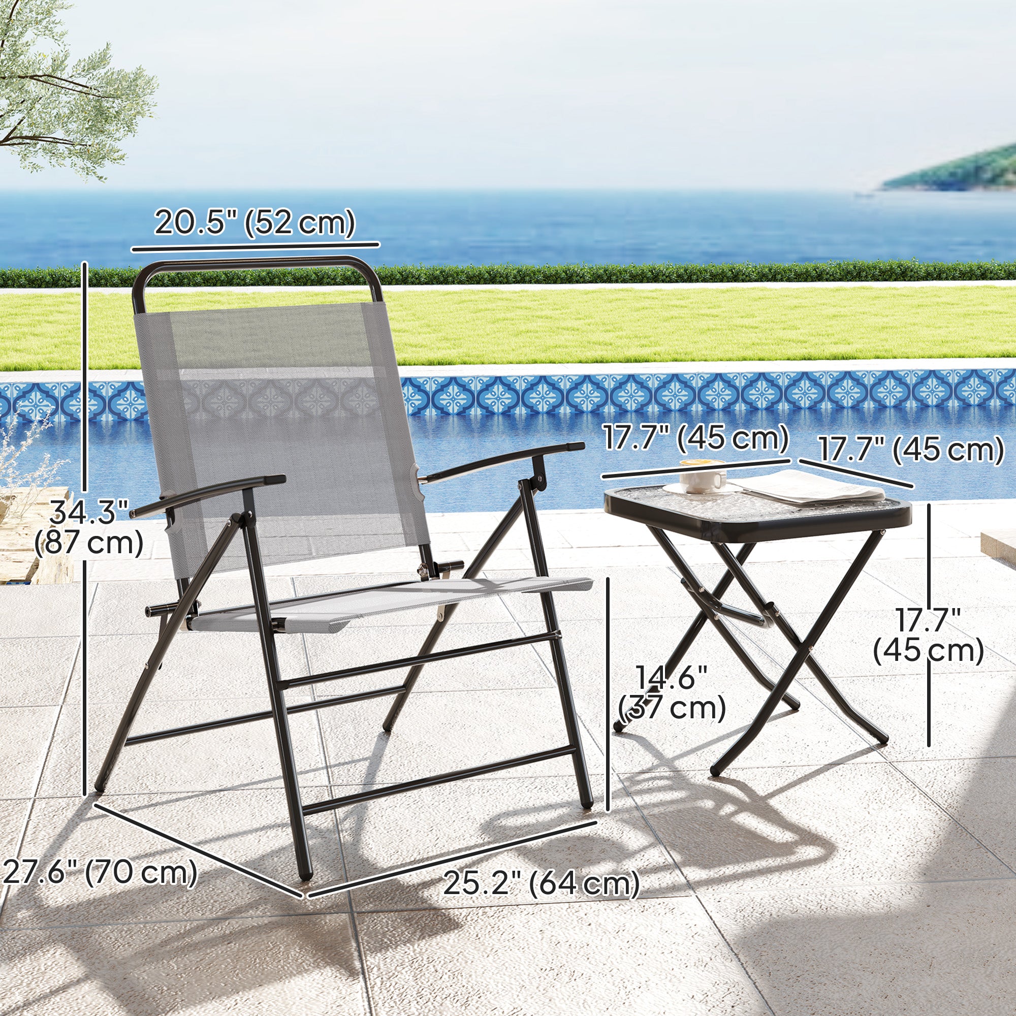Outsunny 3 Pieces Folding Bistro Set with Back Adjustable Chairs, Bistro Table Set Outdoor Patio Furniture with Glass Top Table, Small Patio Set for Garden, Balcony, Porch, Grey