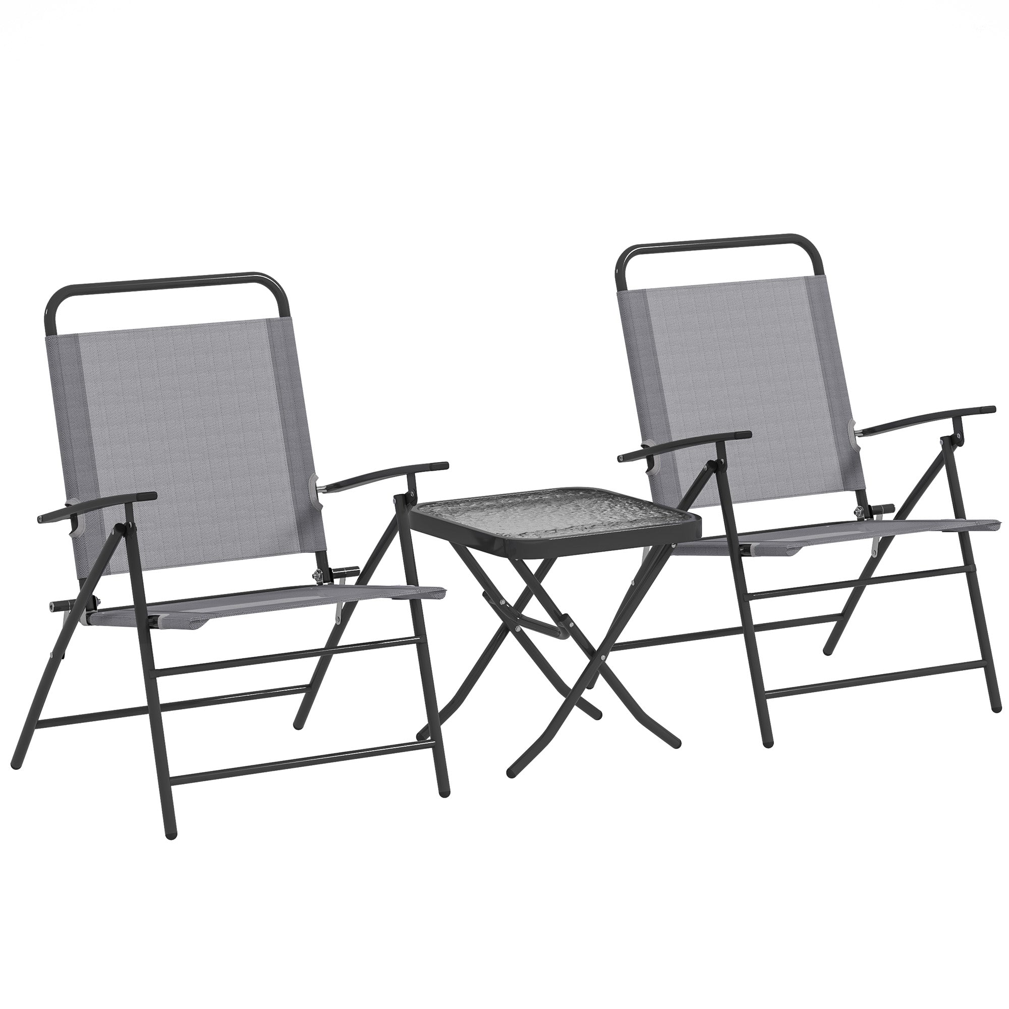Outsunny 3 Pieces Folding Bistro Set with Back Adjustable Chairs, Bistro Table Set Outdoor Patio Furniture with Glass Top Table, Small Patio Set for Garden, Balcony, Porch, Grey