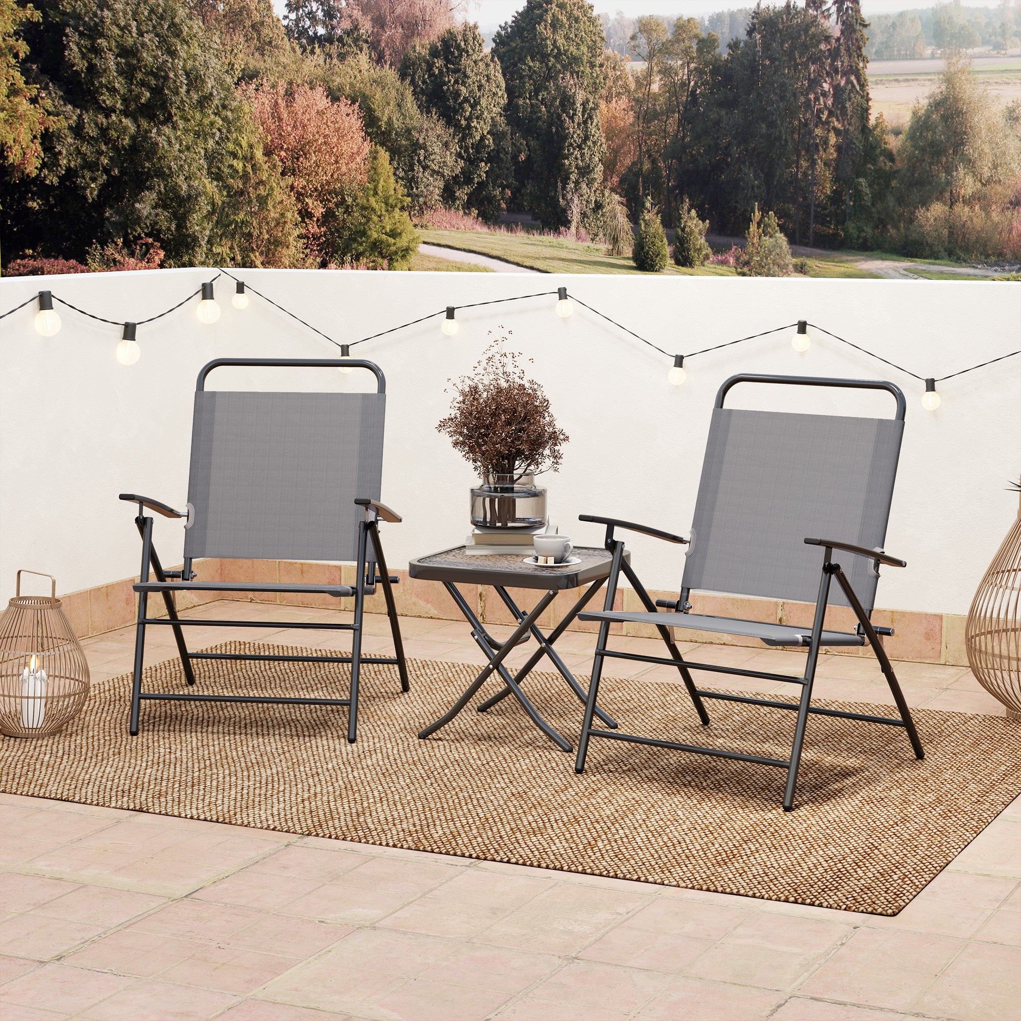 Outsunny 3 Pieces Folding Bistro Set with Back Adjustable Chairs, Bistro Table Set Outdoor Patio Furniture with Glass Top Table, Small Patio Set for Garden, Balcony, Porch, Grey