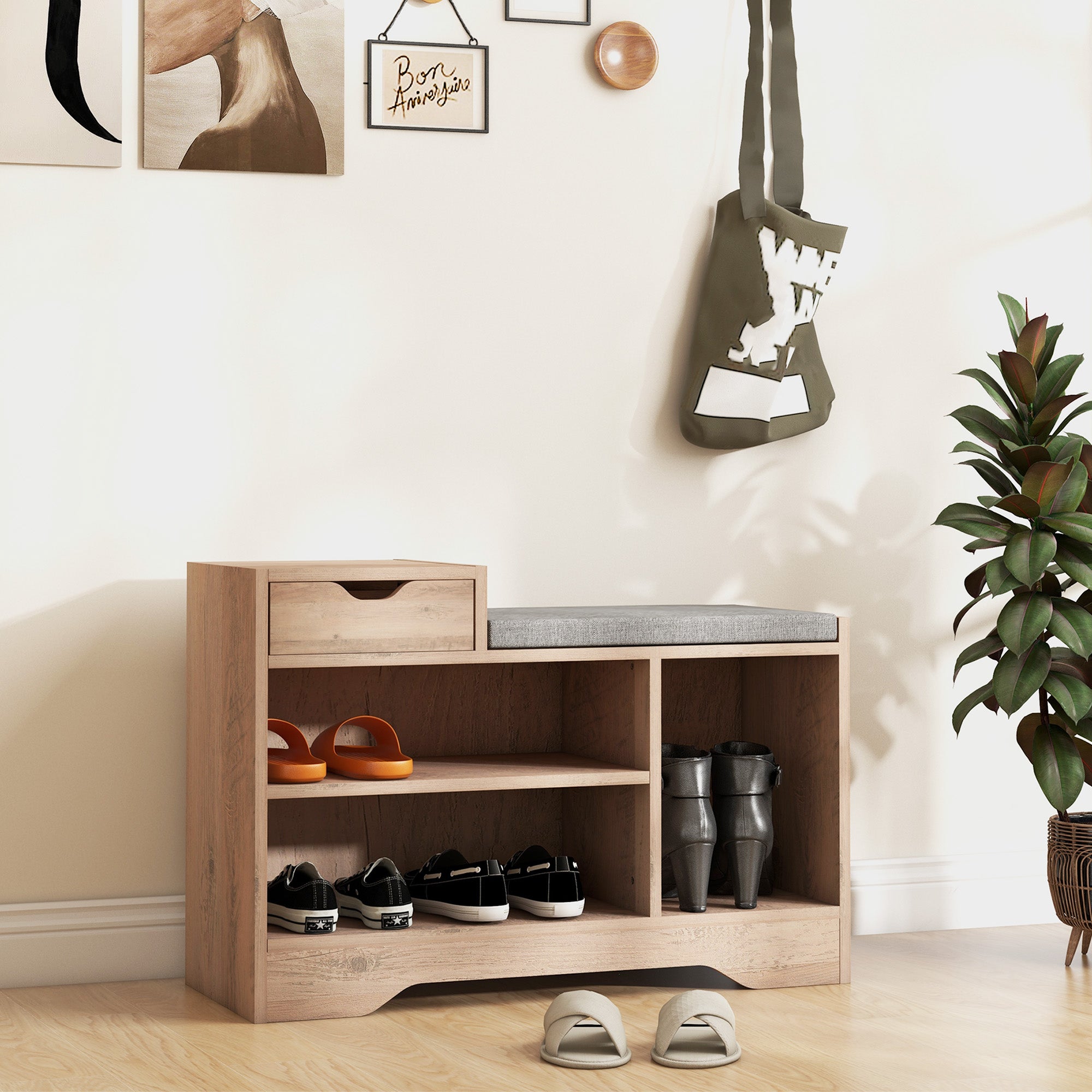 HOMCOM Shoe Bench with Storage, Modern Upholstered Entryway Bench with Shelves, Drawer and Table Top for Living Room, Hallway, Grey