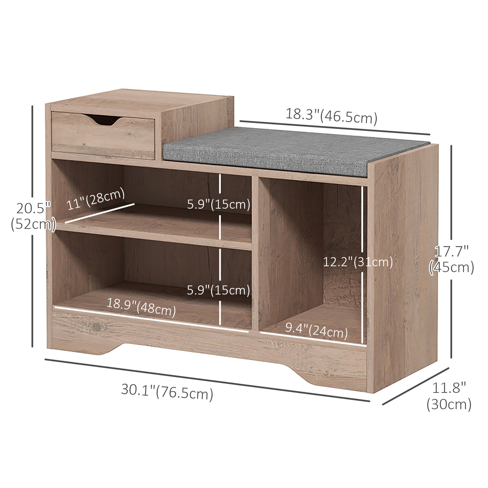 HOMCOM Shoe Bench with Storage, Modern Upholstered Entryway Bench with Shelves, Drawer and Table Top for Living Room, Hallway, Grey