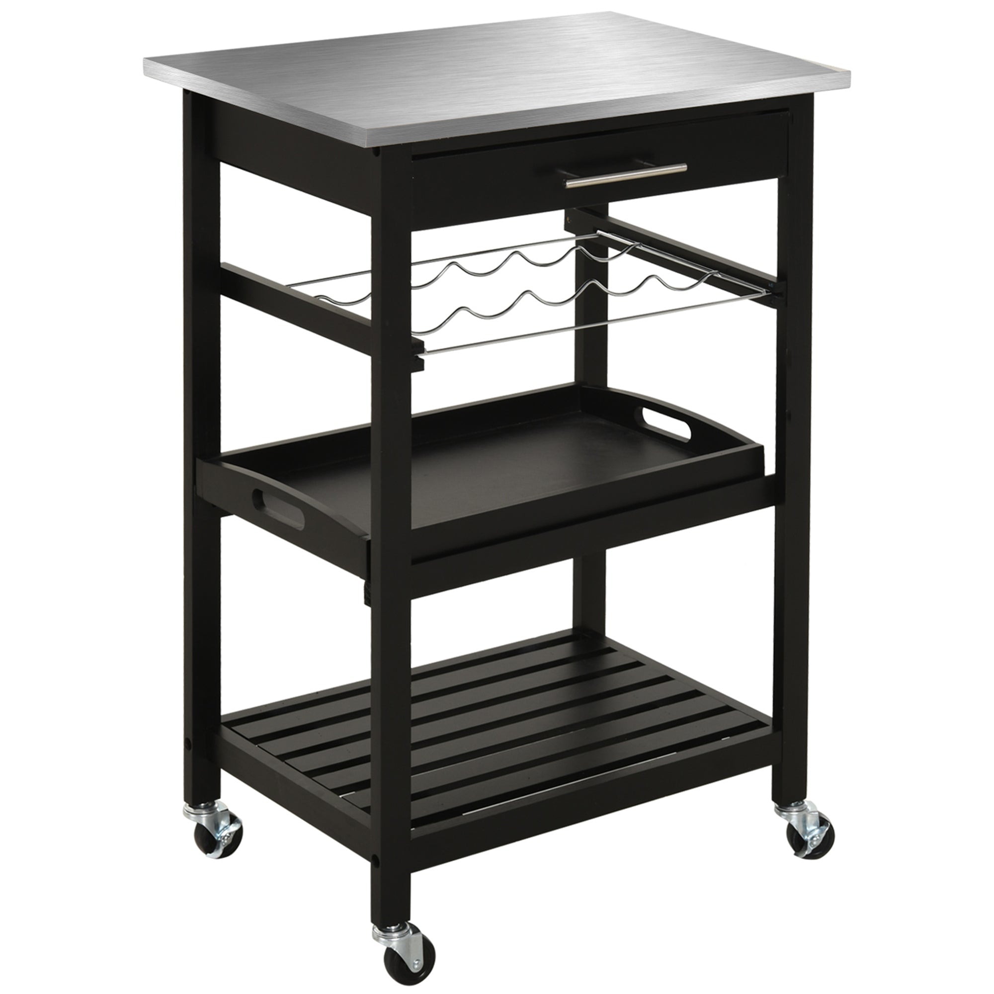 HOMCOM 3-Tier Kitchen Rolling Serving Cart with Open Shelves, Stainless Steel Top Pine Kitchen Island, Black