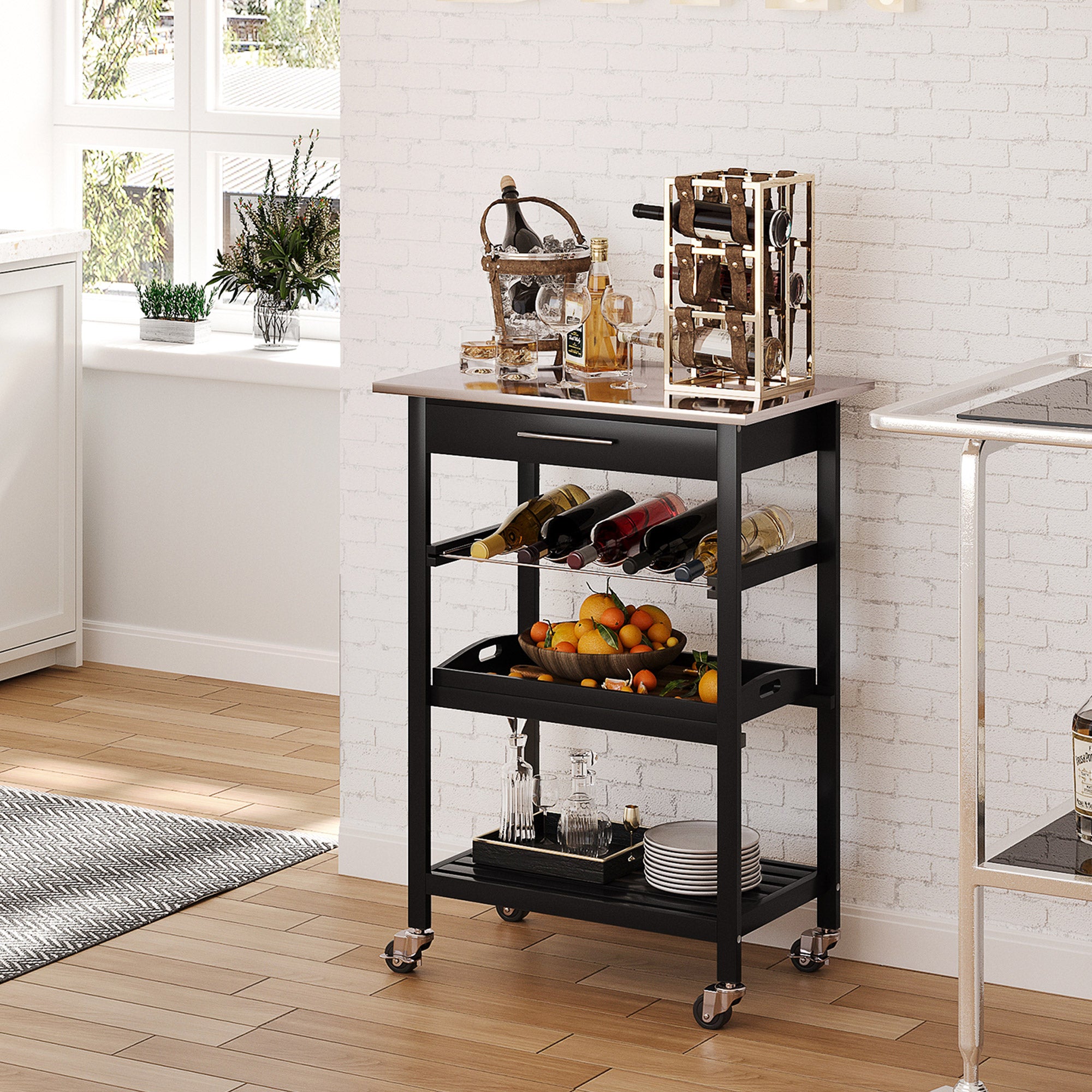 HOMCOM 3-Tier Kitchen Rolling Serving Cart with Open Shelves, Stainless Steel Top Pine Kitchen Island, Black