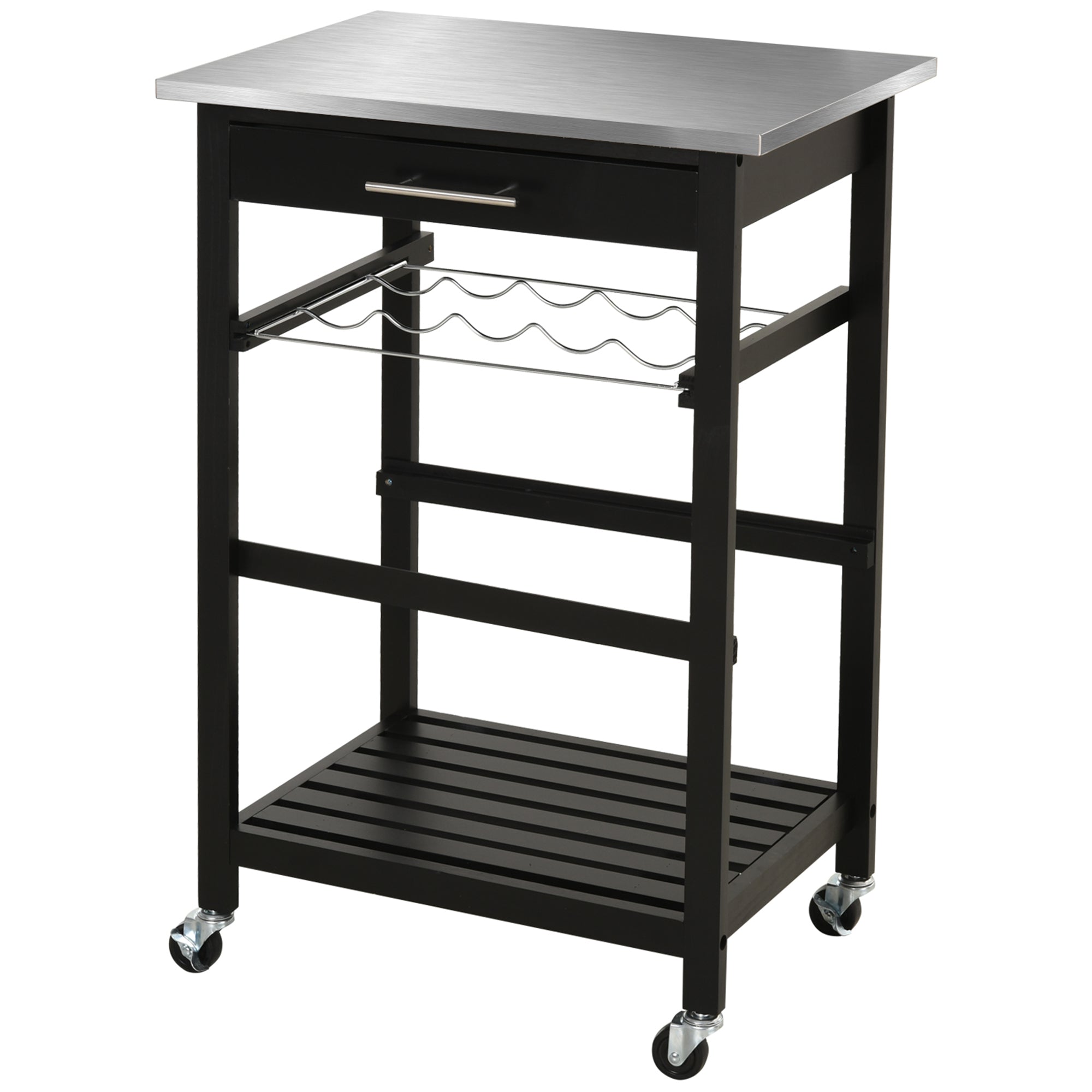 HOMCOM 3-Tier Kitchen Rolling Serving Cart with Open Shelves, Stainless Steel Top Pine Kitchen Island, Black