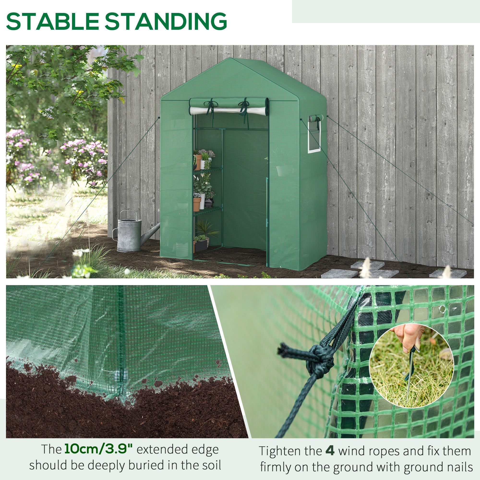 Outsunny Walk-in Mini Greenhouse with Mesh Door & Windows, Portable Garden Green House with 3 Tier Shelves, Water & UV Resistant PE Cover, Green