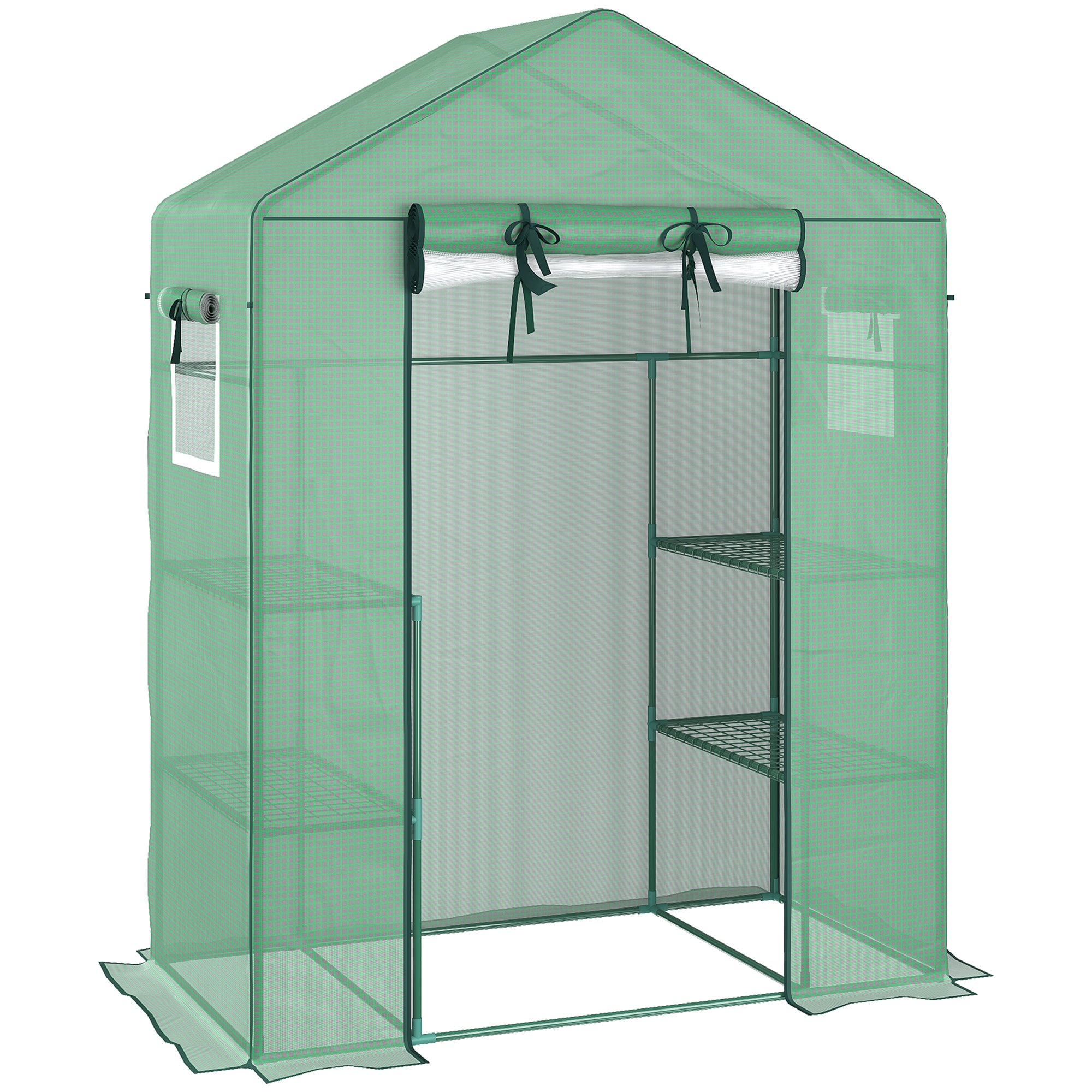 Outsunny Walk-in Mini Greenhouse with Mesh Door & Windows, Portable Garden Green House with 3 Tier Shelves, Water & UV Resistant PE Cover, Green