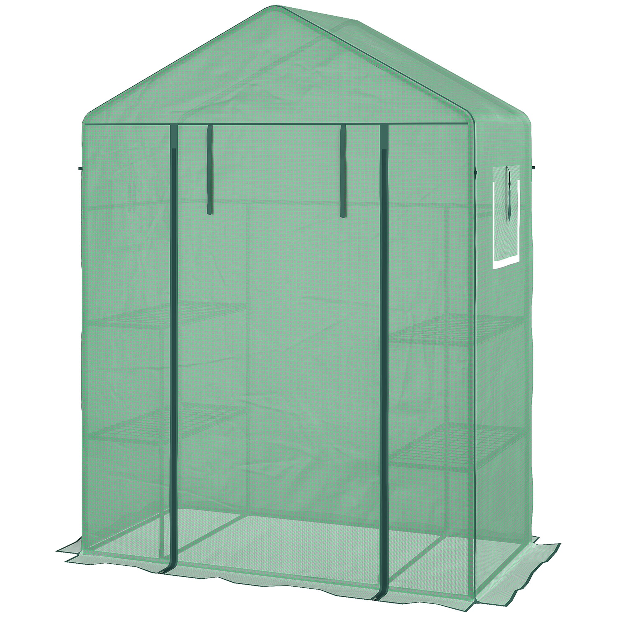 Outsunny Walk-in Mini Greenhouse with Mesh Door & Windows, Portable Garden Green House with 3 Tier Shelves, Water & UV Resistant PE Cover, Green