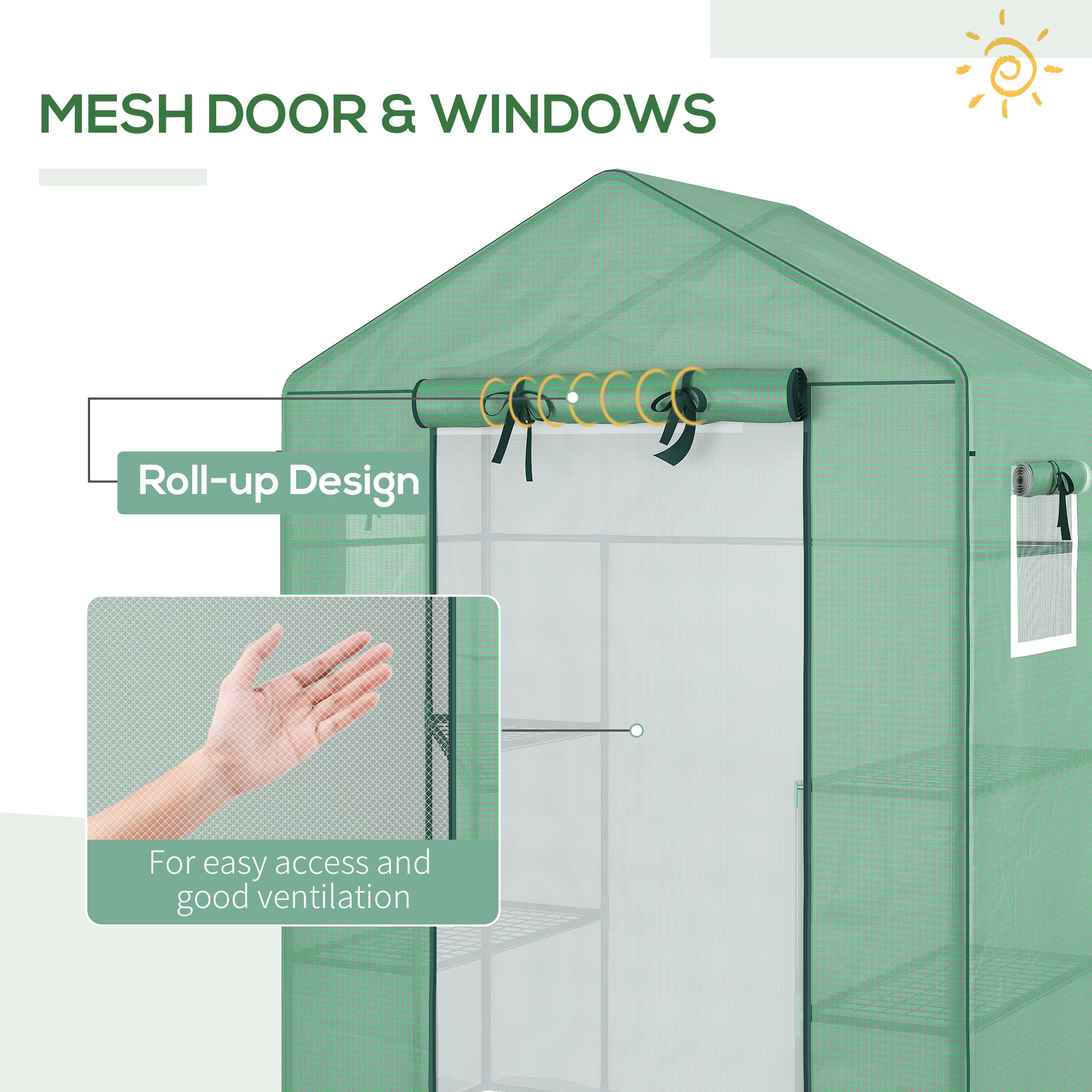 Outsunny Walk-in Mini Greenhouse with Mesh Door & Windows, Portable Garden Green House with 3 Tier Shelves, Water & UV Resistant PE Cover, Green