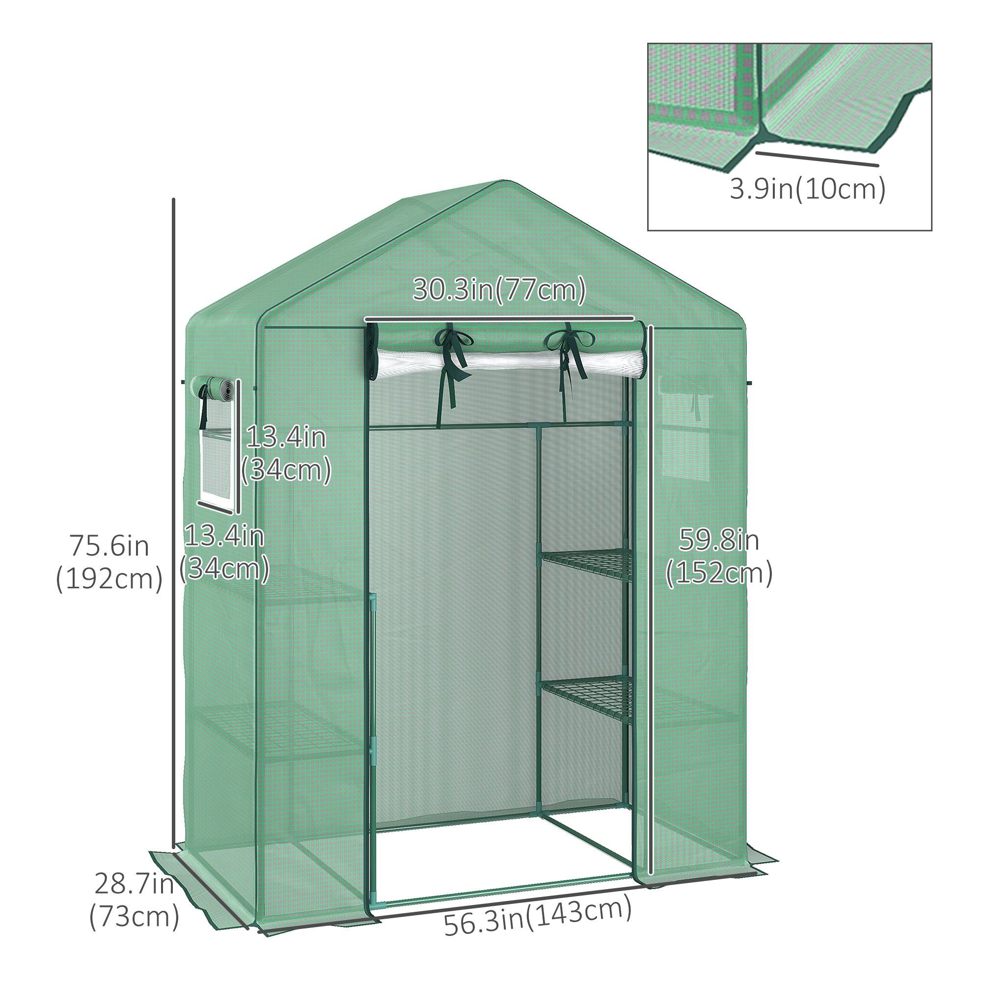 Outsunny Walk-in Mini Greenhouse with Mesh Door & Windows, Portable Garden Green House with 3 Tier Shelves, Water & UV Resistant PE Cover, Green