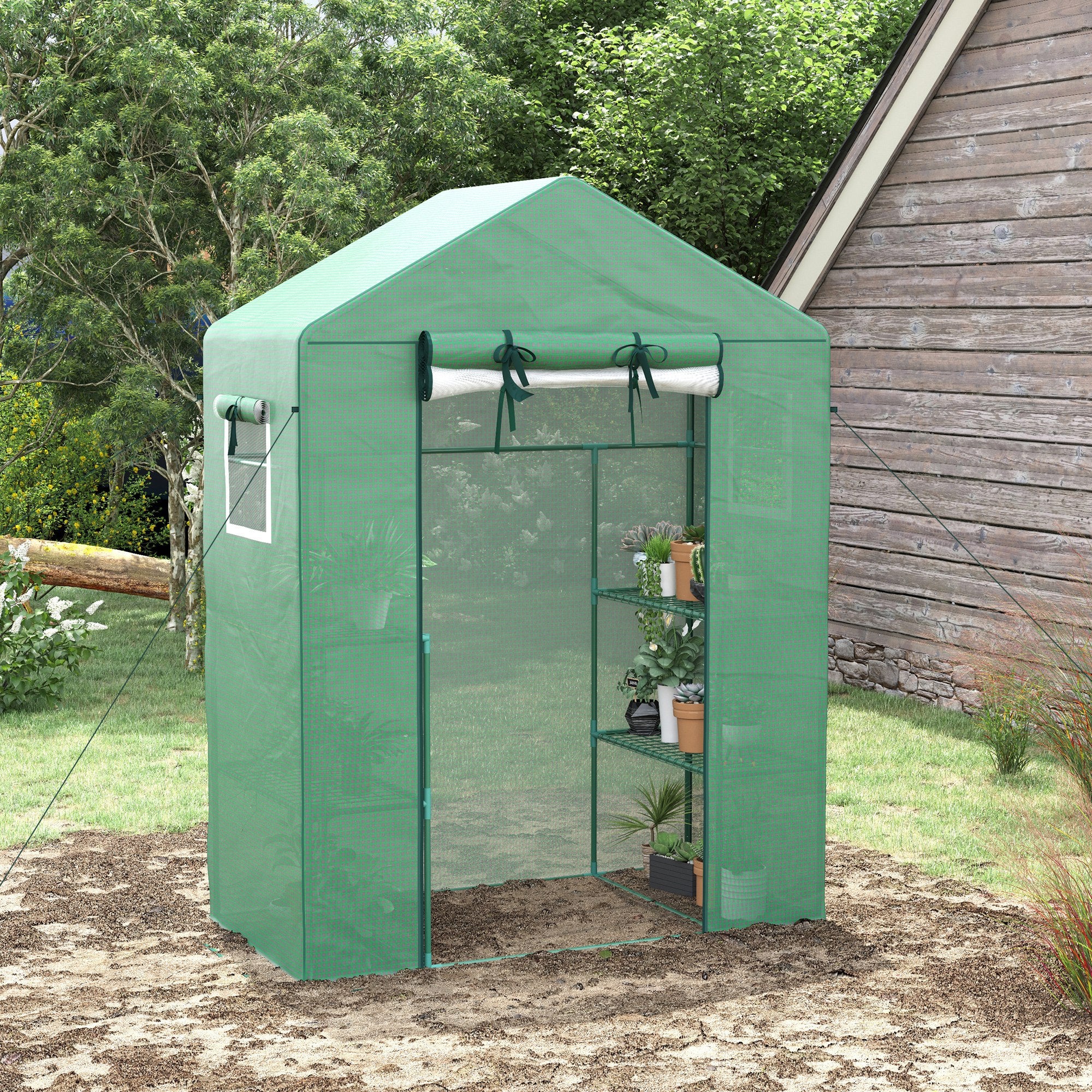 Outsunny Walk-in Mini Greenhouse with Mesh Door & Windows, Portable Garden Green House with 3 Tier Shelves, Water & UV Resistant PE Cover, Green