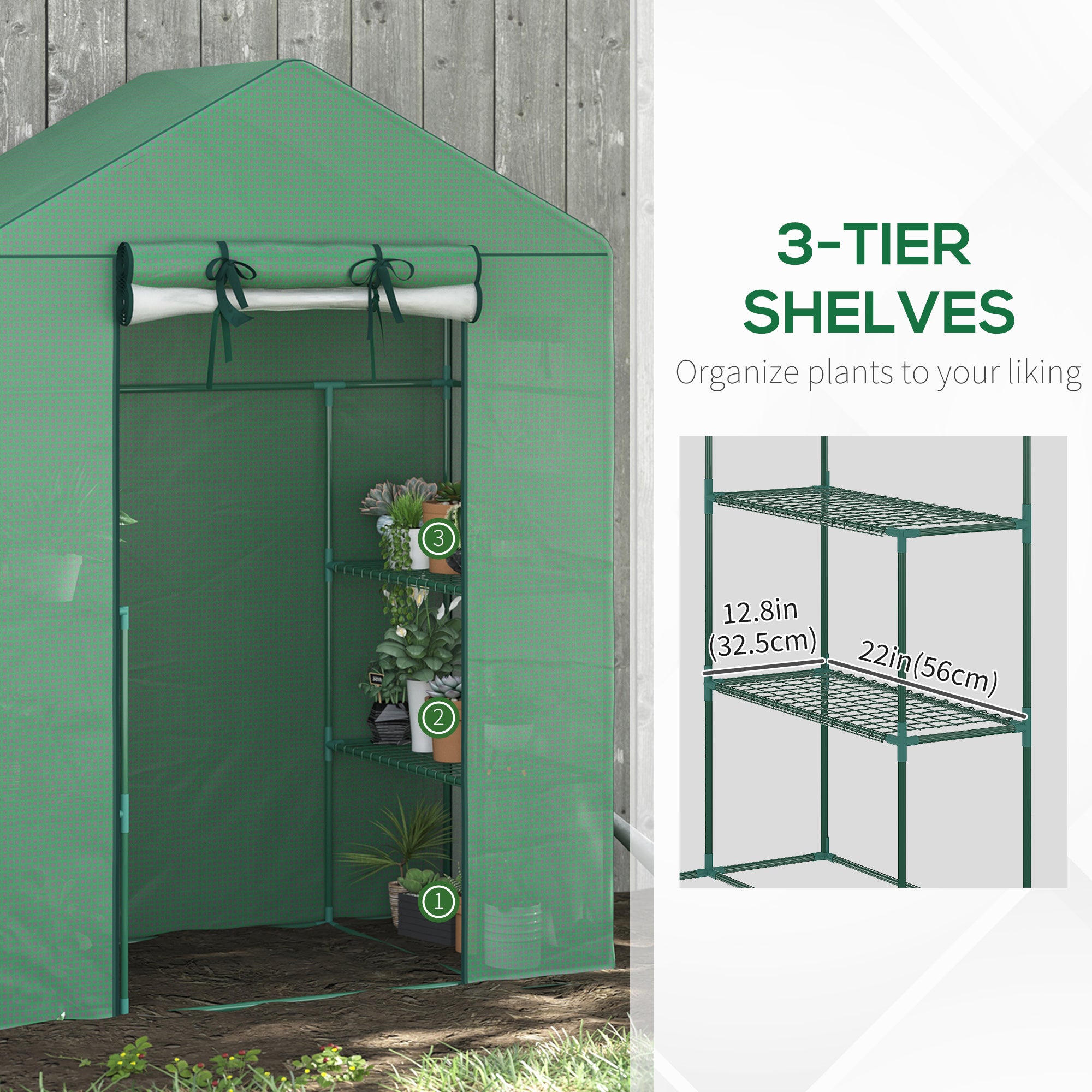 Outsunny Walk-in Mini Greenhouse with Mesh Door & Windows, Portable Garden Green House with 3 Tier Shelves, Water & UV Resistant PE Cover, Green