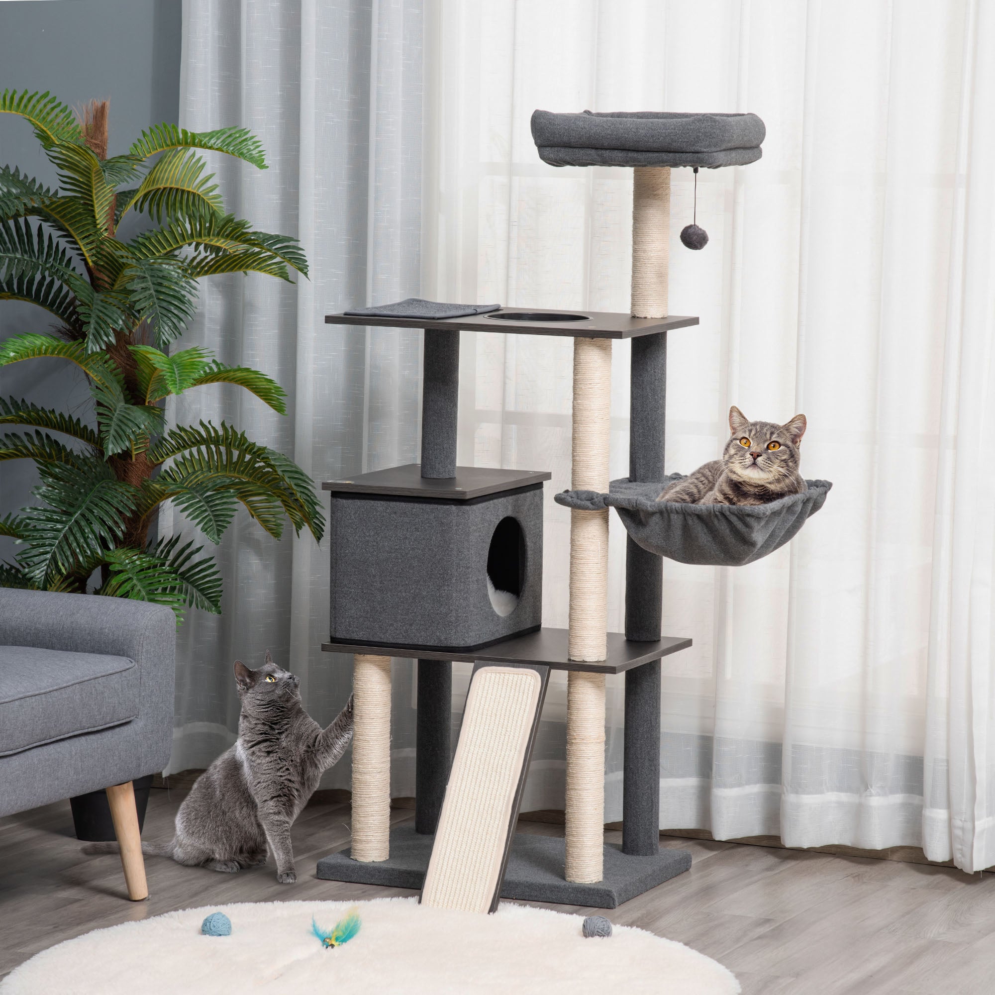PawHut 58" Cat Tree for Large Cats Adult, Kitty Activity Center with Sisal Scratching Posts, Hammock, Perches Ramp, Hanging Ball, Dark Grey