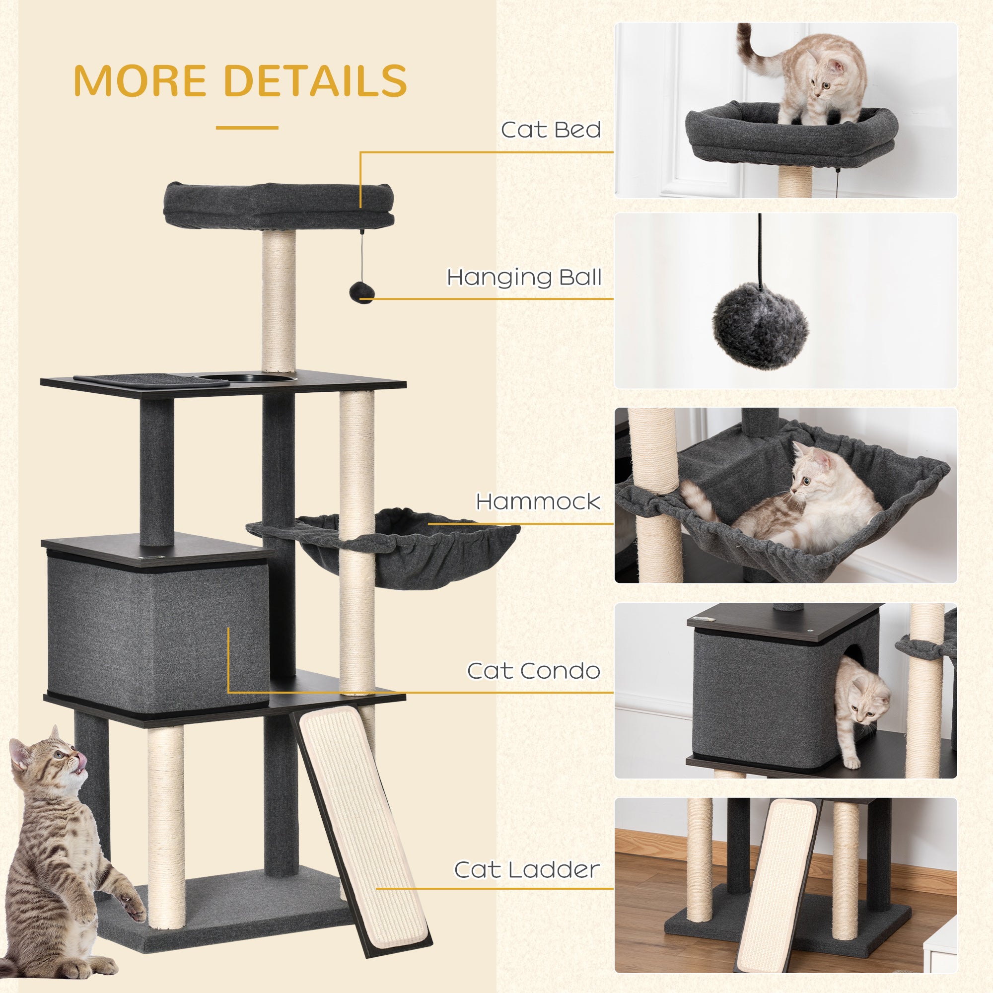 PawHut 58" Cat Tree for Large Cats Adult, Kitty Activity Center with Sisal Scratching Posts, Hammock, Perches Ramp, Hanging Ball, Dark Grey
