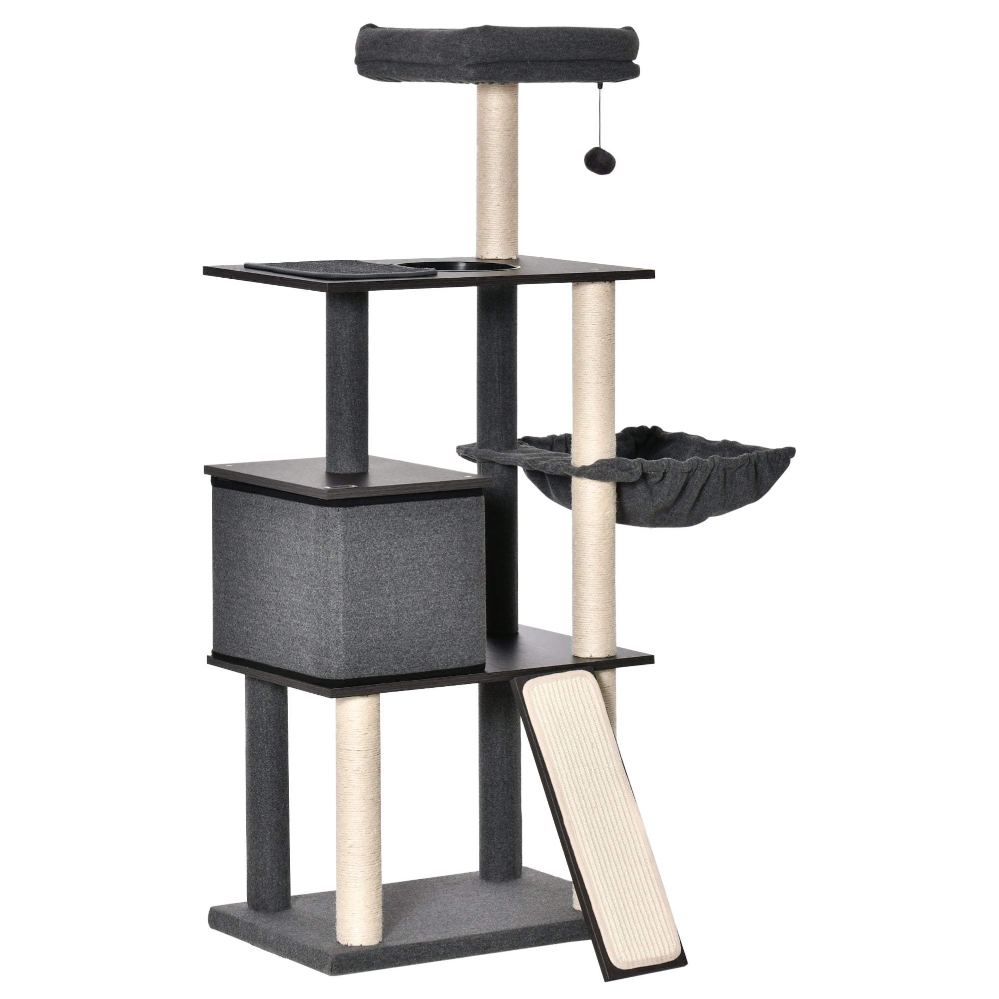 PawHut 58" Cat Tree for Large Cats Adult, Kitty Activity Center with Sisal Scratching Posts, Hammock, Perches Ramp, Hanging Ball, Dark Grey